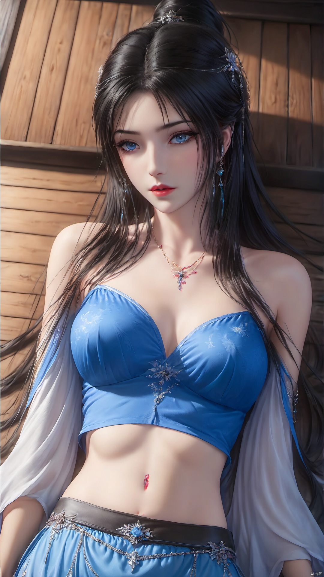 1girl, long hair, lying, solo, skirt, jewelry, on back, pillow, earrings, bare shoulders, tattoo, hair ornament, black hair, breasts, midriff, looking at viewer, blue eyes, navel, ponytail, blue skirt