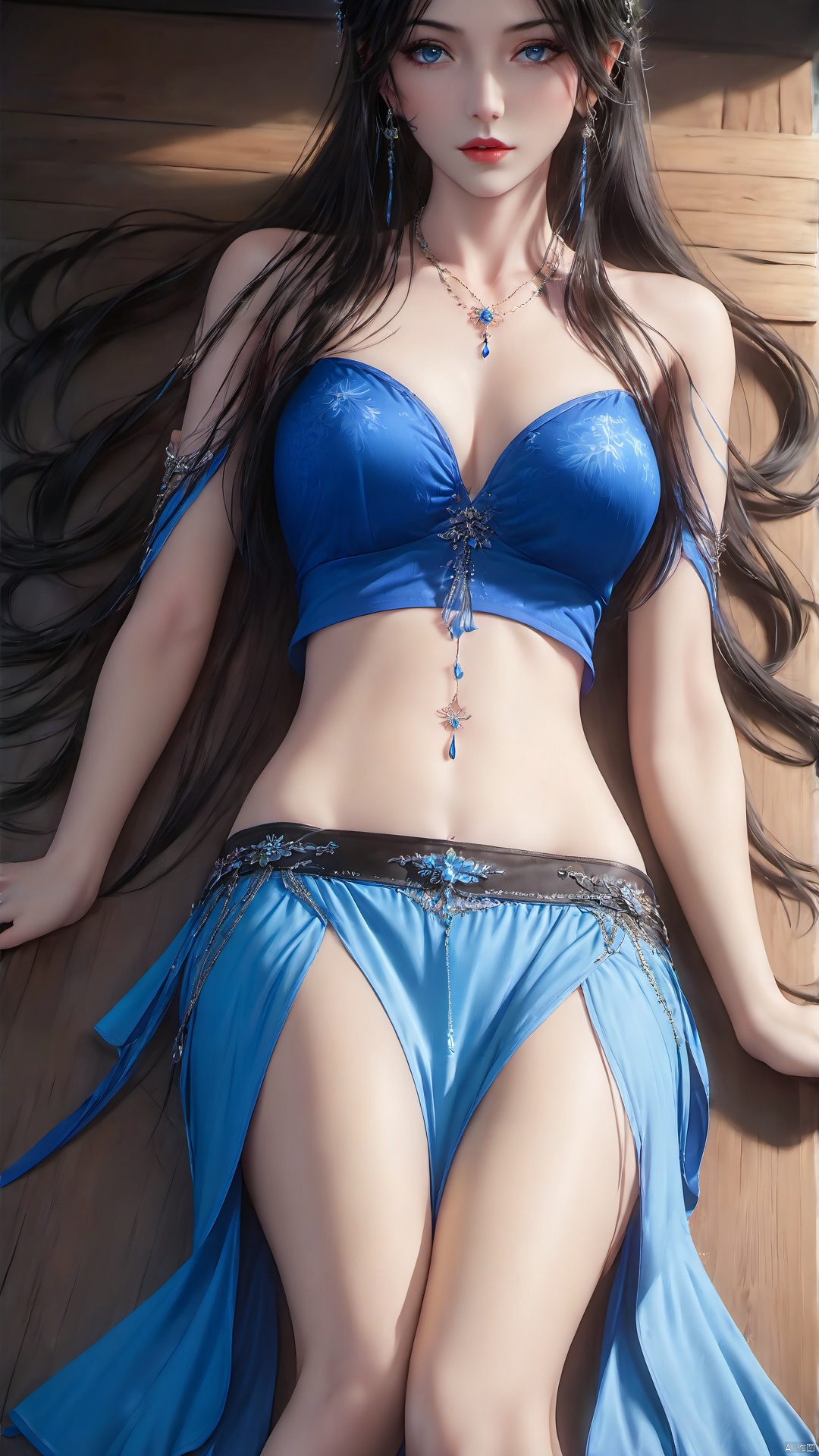 1girl, long hair, lying, solo, skirt, jewelry, on back, pillow, earrings, bare shoulders, tattoo, hair ornament, black hair, breasts, midriff, looking at viewer, blue eyes, navel, ponytail, blue skirt
