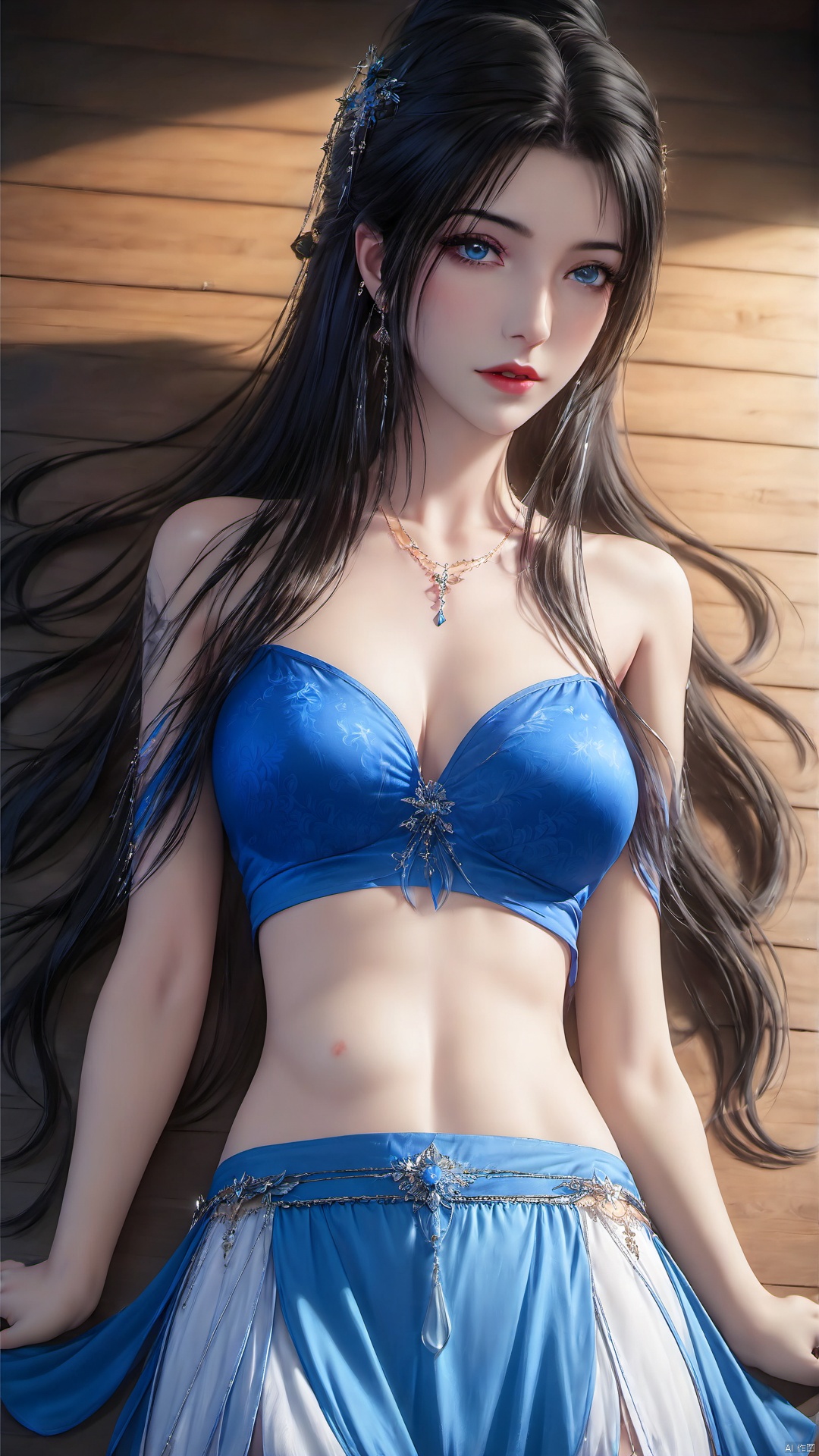 1girl, long hair, lying, solo, skirt, jewelry, on back, pillow, earrings, bare shoulders, tattoo, hair ornament, black hair, breasts, midriff, looking at viewer, blue eyes, navel, ponytail, blue skirt