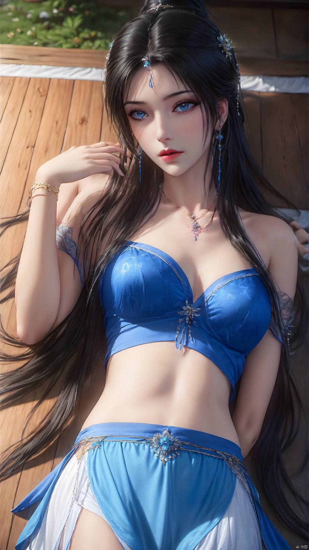 1girl, long hair, lying, solo, skirt, jewelry, on back, pillow, earrings, bare shoulders, tattoo, hair ornament, black hair, breasts, midriff, looking at viewer, blue eyes, navel, ponytail, blue skirt