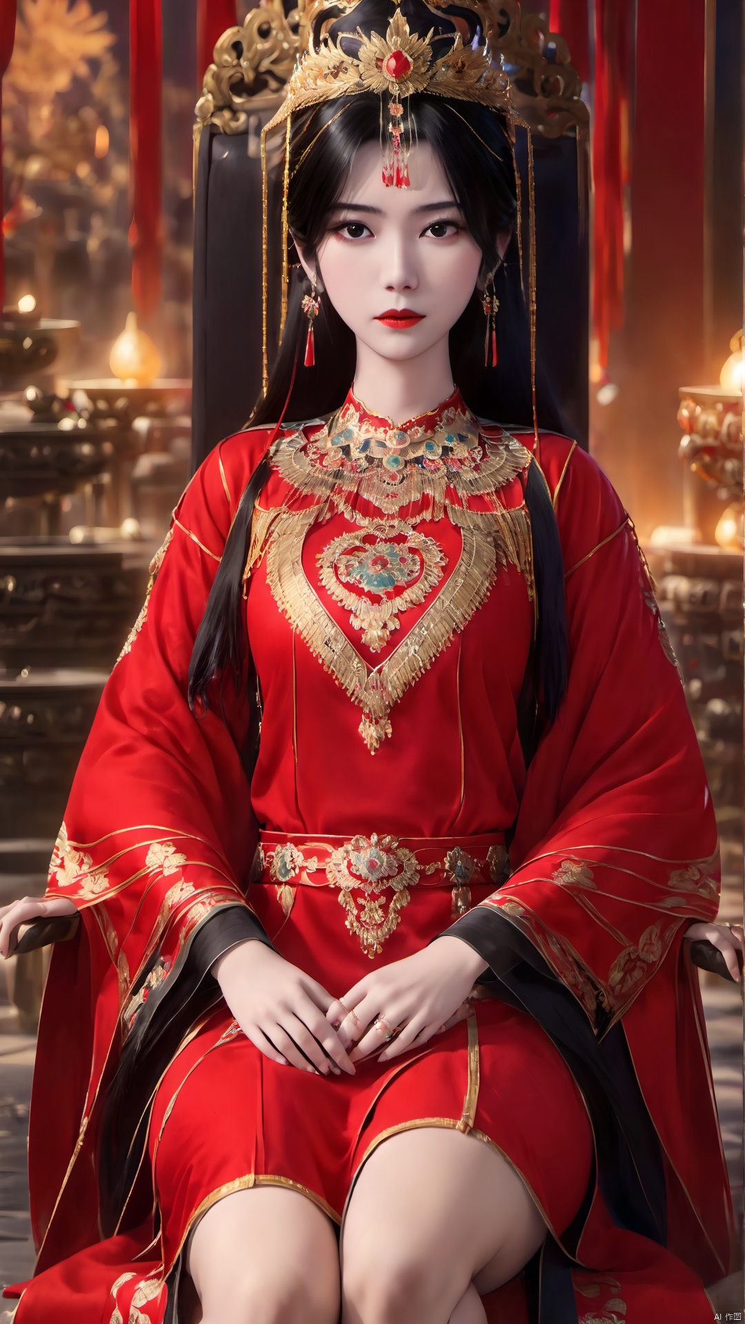 1girl, jewelry, sitting, earrings, ring, solo, dress, crossed legs, bare legs, black hair, throne, looking at viewer, chinese clothes, red dress, crown, wide sleeves, long sleeves, long hair, forehead mark, anklet, blurry background