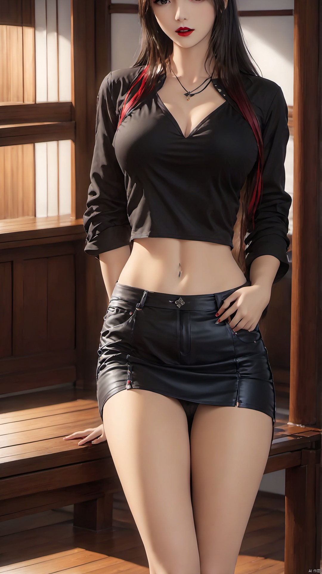 1girl, solo, skirt, long hair, breasts, high heels, full body, navel, looking at viewer, midriff, crop top, black skirt, brown eyes, shirt, white shirt, standing, cleavage, brown hair, wooden floor, black hair, long sleeves, red lips, pencil skirt, bare legs, collarbone, table, miniskirt, crossed legs, side slit, chair, lips


充能