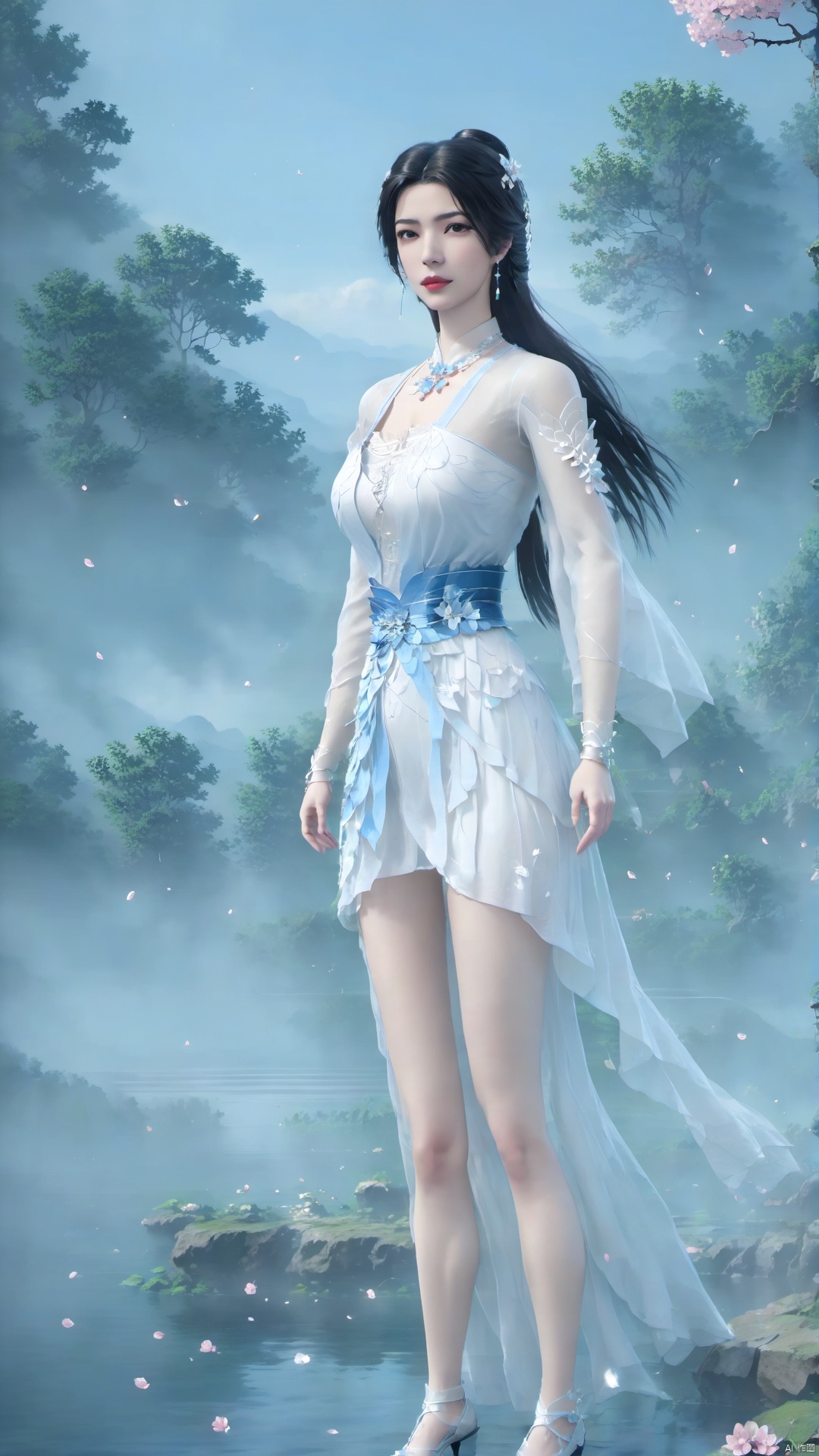 1girl, bare legs, dress, solo, flower, black hair, long hair, sky, mountain, water, tree, white dress, sash, petals, full body, blue sky, ponytail, jewelry, high heels, falling petals, cloud, outdoors, hair ornament, cherry blossoms, ripples