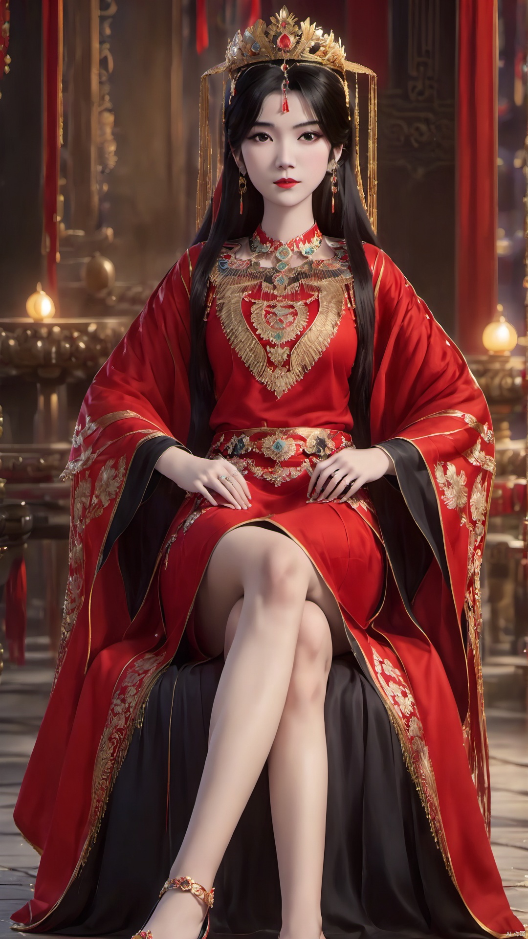 1girl, jewelry, sitting, earrings, ring, solo, dress, crossed legs, bare legs, black hair, throne, looking at viewer, chinese clothes, red dress, crown, wide sleeves, long sleeves, long hair, forehead mark, anklet, blurry background