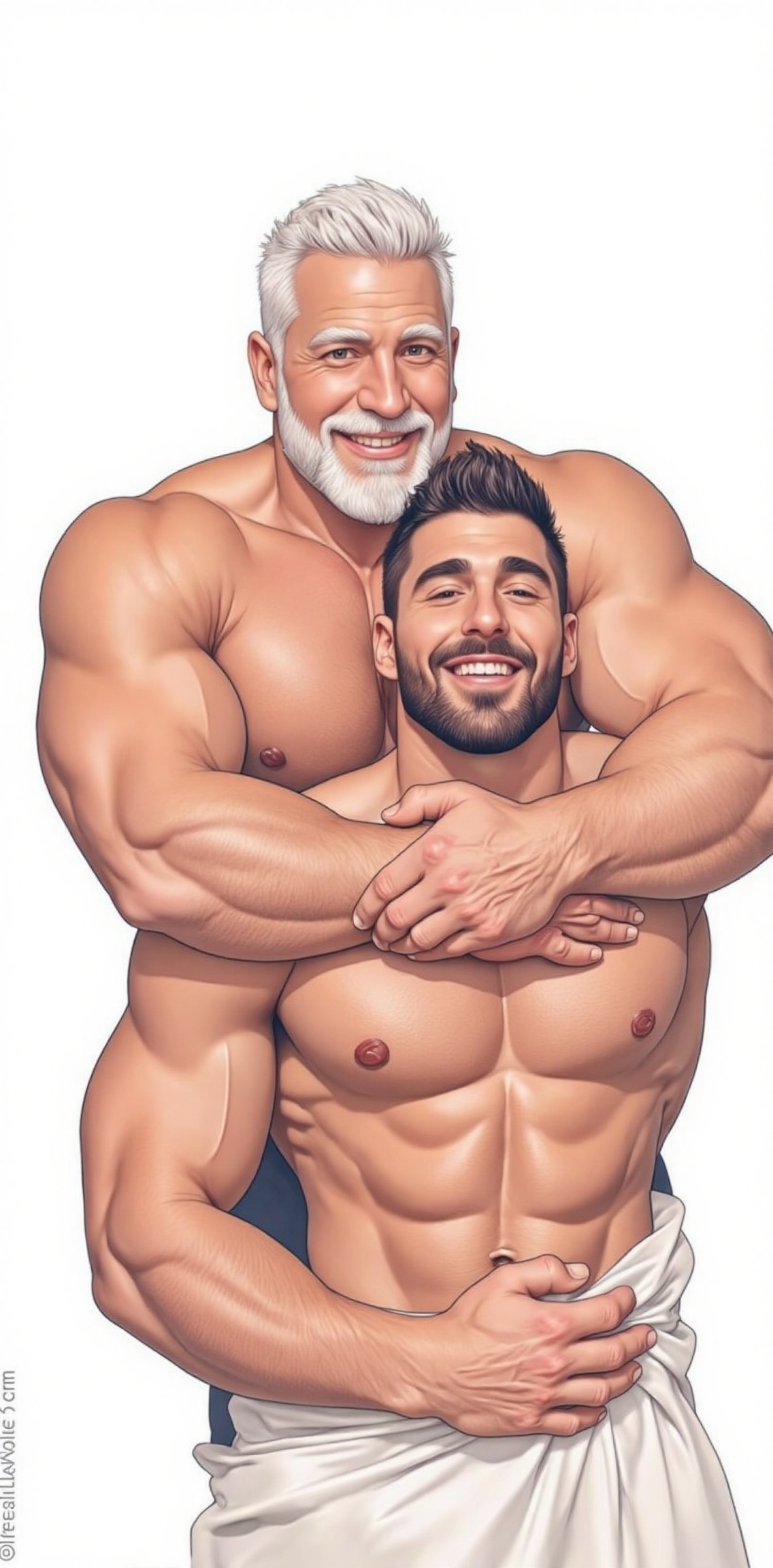 a cartoon depiction of two men,  a man with a white beard and mustache,  is hugging the man with his arms wrapped around h...