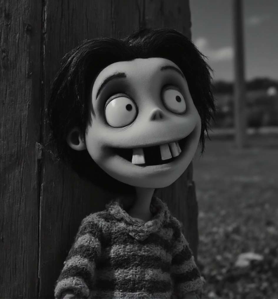 a boy with crooked teeth smiling looking up,  old scenery,  (black and white colors) on Tensor.Art