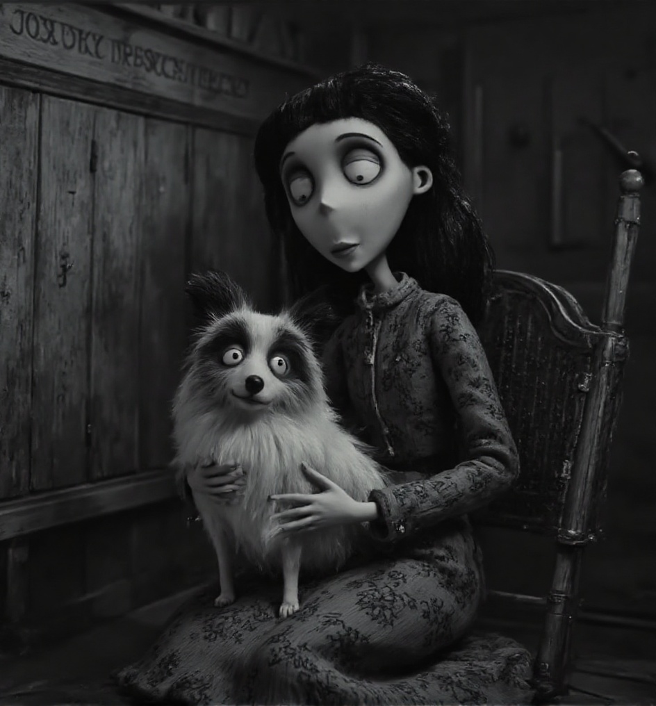a woman in a leather jacket holding a dog on her lap,  old scenery,  (black and white colors) on Tensor.Art