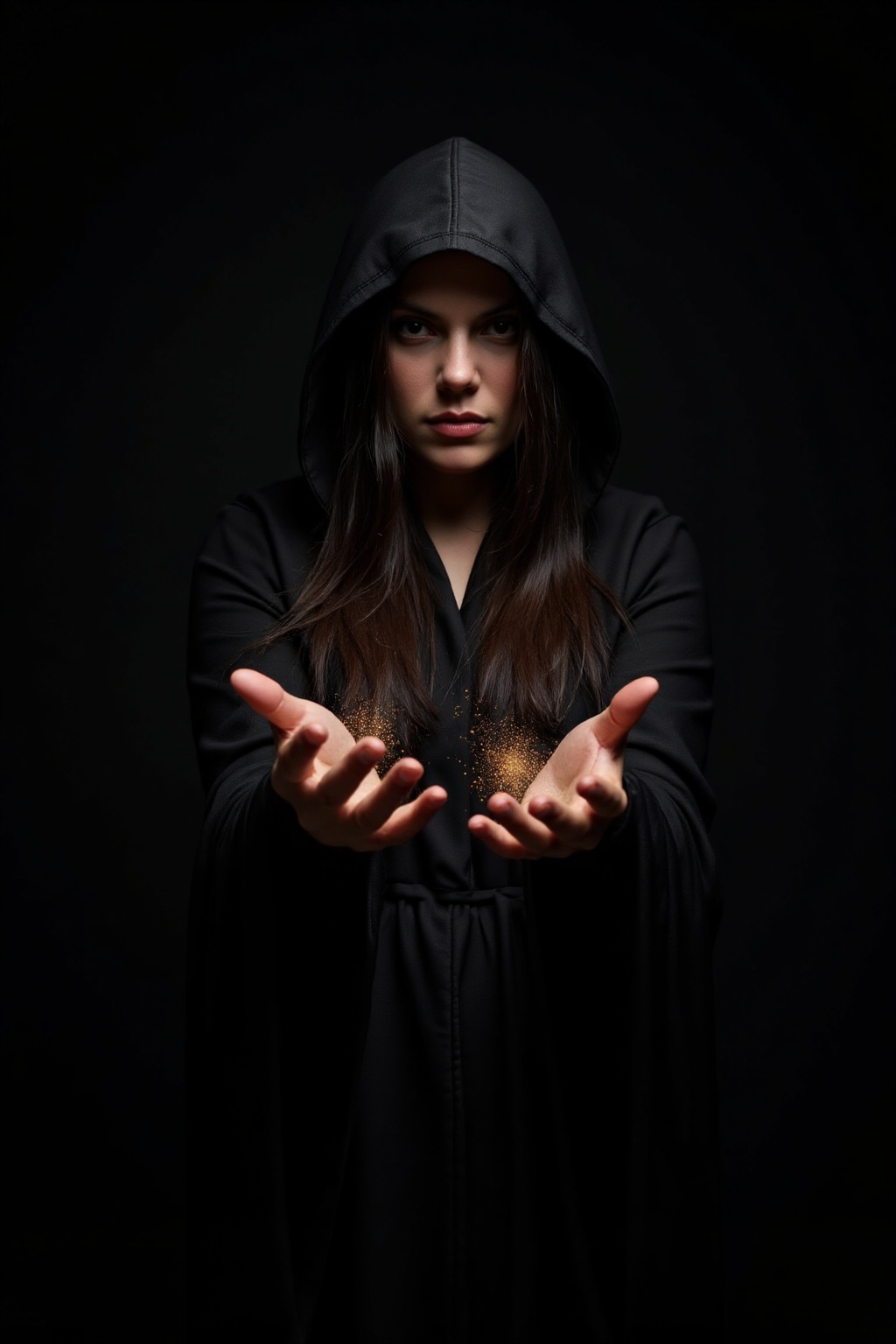 Dramatic portrait of a mysterious brunette woman in a dark hooded cloak,  standing against a completely black background....