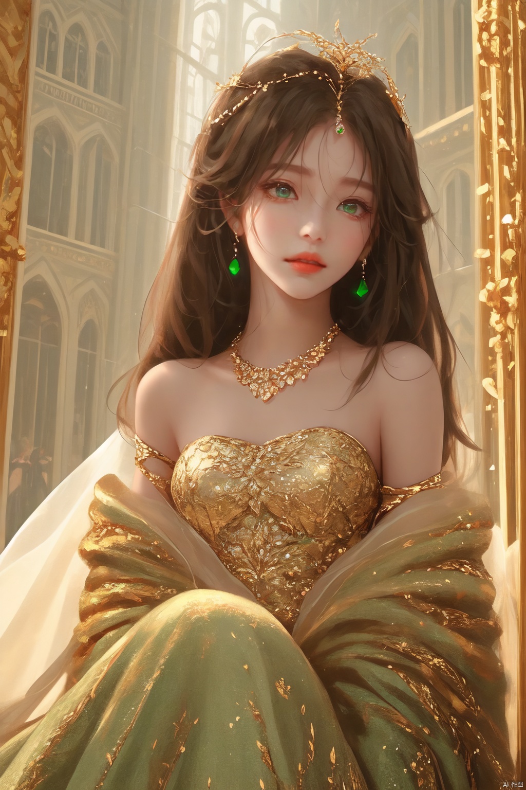 1 girl, A Central Asian princess, she has dark green eyes, brown hair, long hair, white dress,and some gold jewelry inlaid with green gems on her head. She looks sideways into the distance, In the background is a palace, Inside the palace, hime cut,sitting sideways, an extremely delicate and beautiful, an extremely delicate and beautiful, an extremely delicate and beautiful girl, extremely detailed, beautiful detailed eyes, bare shoulder, detailed light, shine, hairs between eyes
