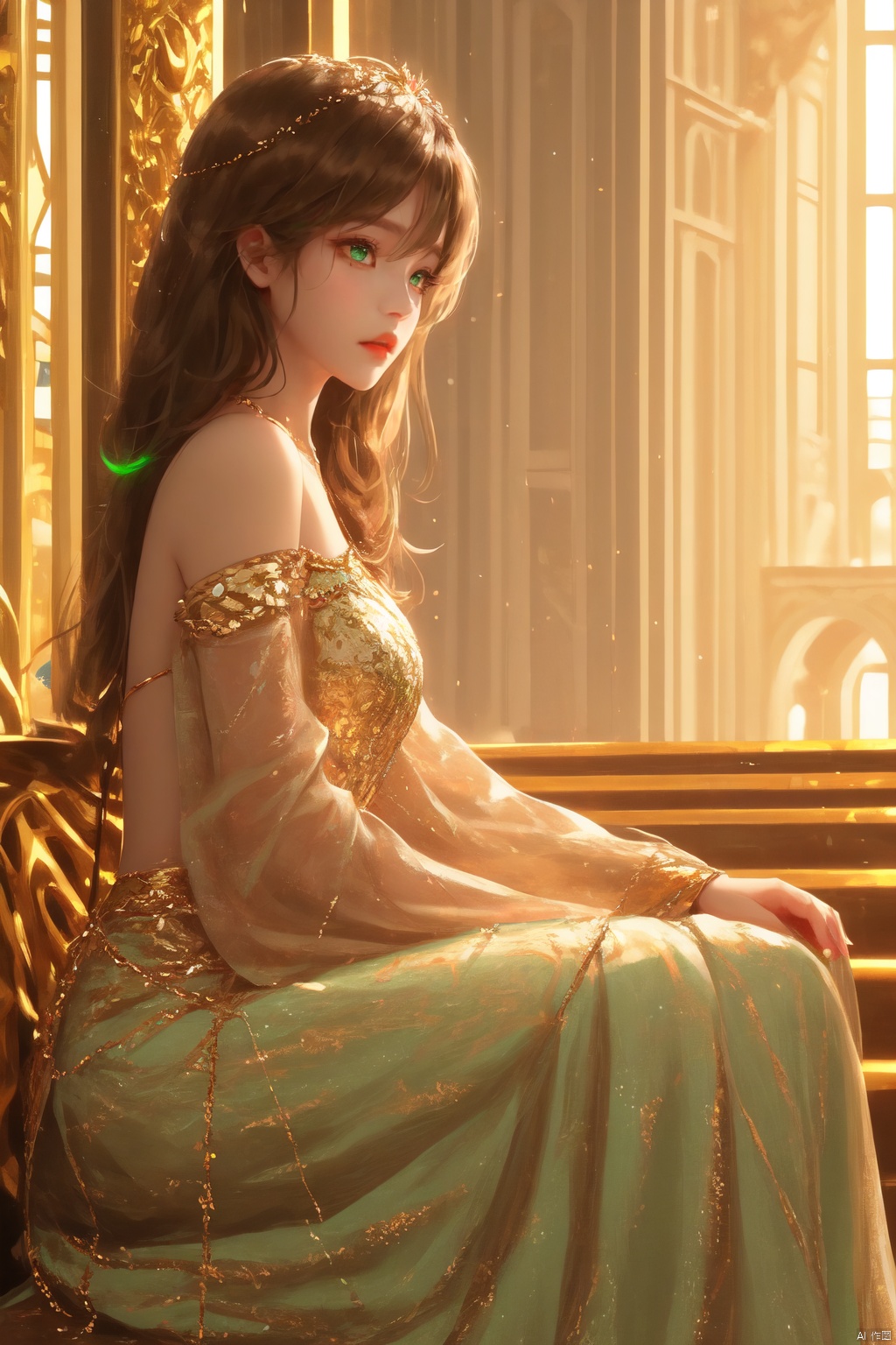 1 girl, A Central Asian princess, she has dark green eyes, brown hair, long hair, white dress,and some gold jewelry inlaid with green gems on her head. She looks sideways into the distance, In the background is a palace, Inside the palace, hime cut,sitting sideways, an extremely delicate and beautiful, an extremely delicate and beautiful, an extremely delicate and beautiful girl, extremely detailed, beautiful detailed eyes, bare shoulder, detailed light, shine, hairs between eyes