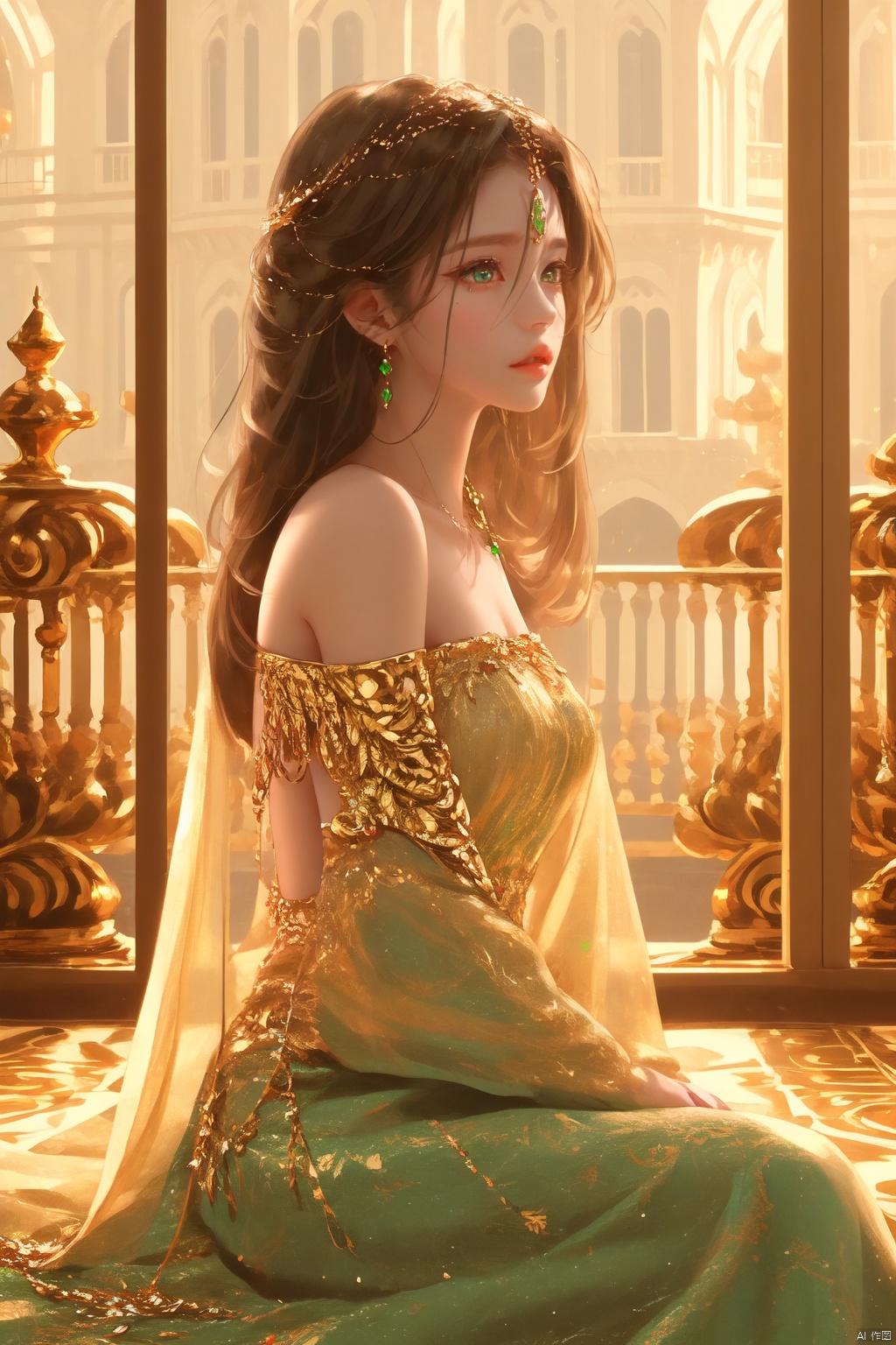 1 girl, A Central Asian princess, she has dark green eyes, brown hair, long hair, white dress,and some gold jewelry inlaid with green gems on her head. She looks sideways into the distance, In the background is a palace, Inside the palace, hime cut,sitting sideways, an extremely delicate and beautiful, an extremely delicate and beautiful, an extremely delicate and beautiful girl, extremely detailed, beautiful detailed eyes, bare shoulder, detailed light, shine, hairs between eyes
