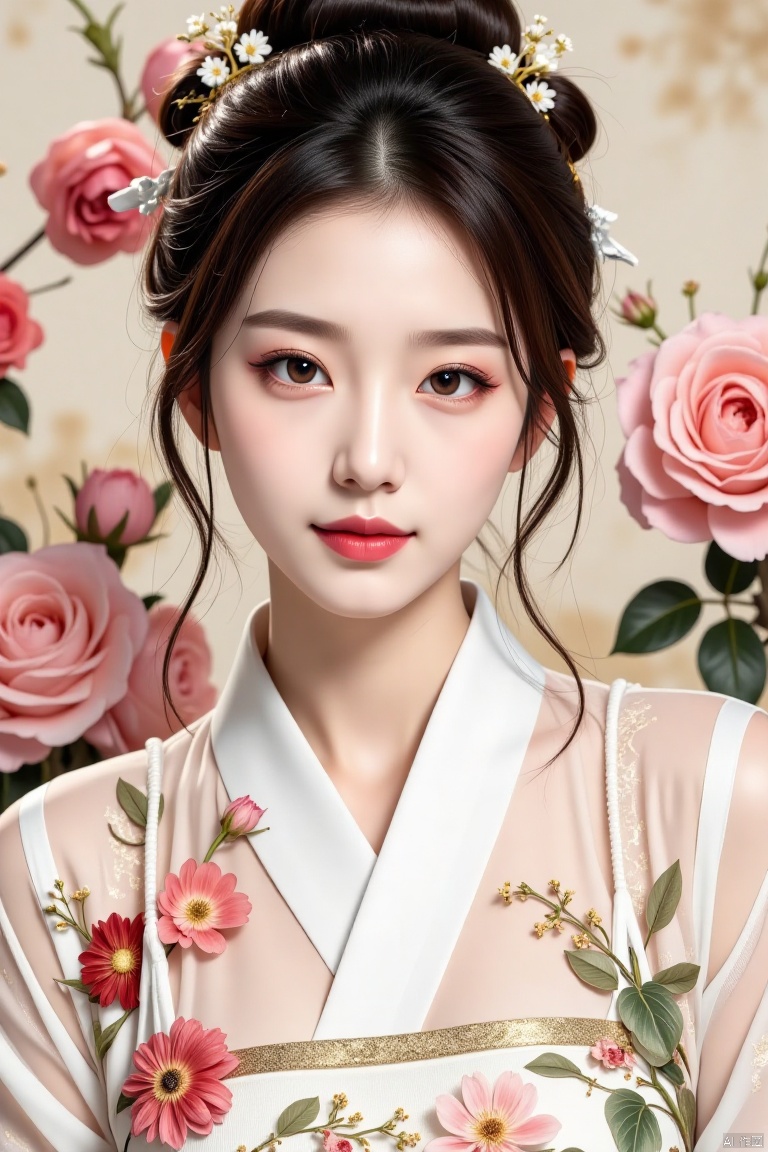 This is a clear and high-quality photo of a beautiful woman,
DX,flat Illustration,Refined prompt:Delicate rice paper texture, Song Dynasty aesthetics, a beautiful ancient Chinese woman, with a lovely face, intricate features, lively, soft, and beautiful large eyes, slender and elegant figure, exquisite Song Dynasty Han clothing with Morandi color palette, stunning hair, amidst a backdrop of numerous large flowers, rendered in meticulous Gongbi painting style, with five slender fingers.
