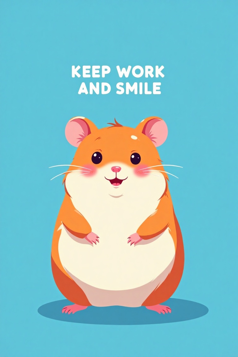 Minimalist simple artwork of a cute hamster,  sitting cheerfully with a smile,  on a blue background. The text KEEP WORK A...