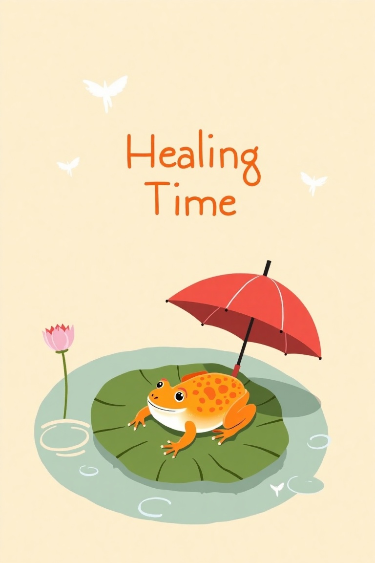 Minimalist simple artwork of a froggie laying down on a Lotus Leaf,  sheltered under a Red Umbrella,  against a pastel bac...