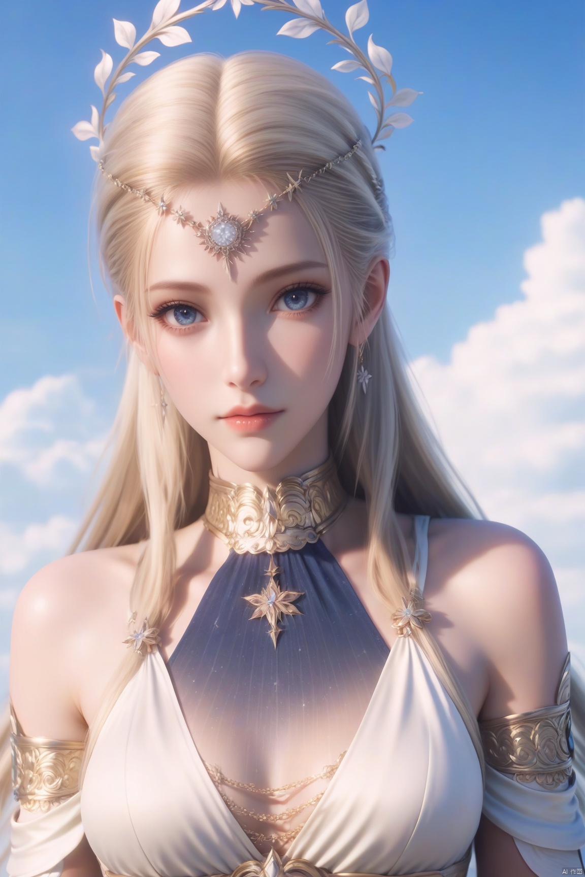 parametersscore_9,score_8_up,score_7_up,source_anime,
1girl, solo, long hair, breasts, looking at viewer, blue eyes, blonde hair, hair ornament, dress, bare shoulders, upper body, detached sleeves, sky, cloud, white dress, blue sky,
highly detailed,ultra-high resolution,32K UHD,sharp focus,best-quality,masterpiece,