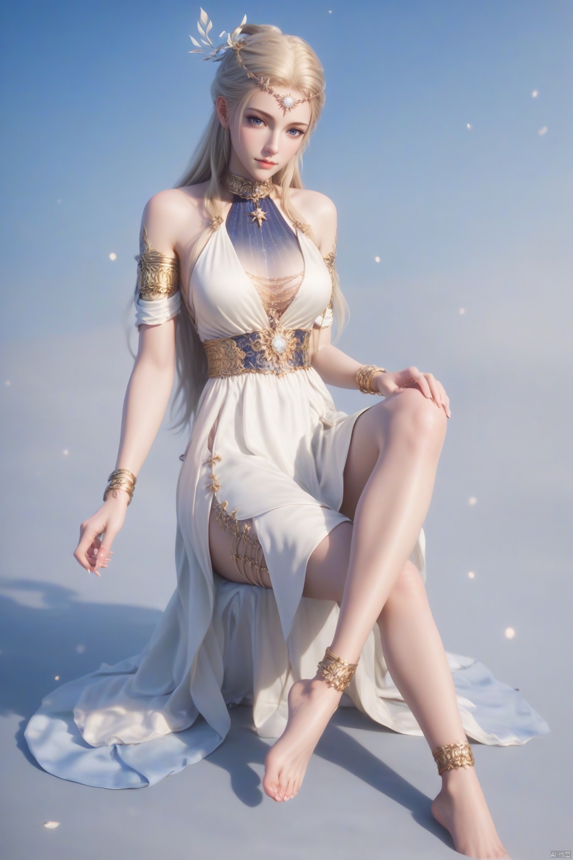 parametersscore_9,score_8_up,score_7_up,source_anime,
1girl, solo, long hair, breasts, blue eyes, blonde hair, hair ornament, dress, bare shoulders, jewelry, sitting, closed mouth, full body, barefoot, white dress, bracelet, armlet, realistic, anklet, yokozuwari,
highly detailed,ultra-high resolution,32K UHD,sharp focus,best-quality,masterpiece,