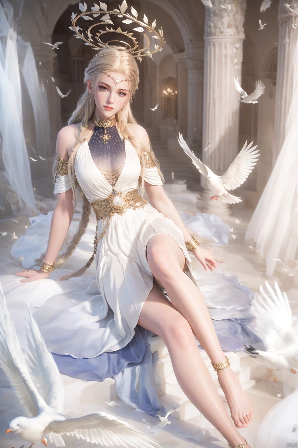 parametersscore_9,score_8_up,score_7_up,source_anime,
1girl, solo, long hair, looking at viewer, blonde hair, dress, jewelry, sitting, full body, braid, barefoot, indoors, white dress, bracelet, bird, halo, stairs, anklet, pillar, dove, column, white bird,
highly detailed,ultra-high resolution,32K UHD,sharp focus,best-quality,masterpiece,