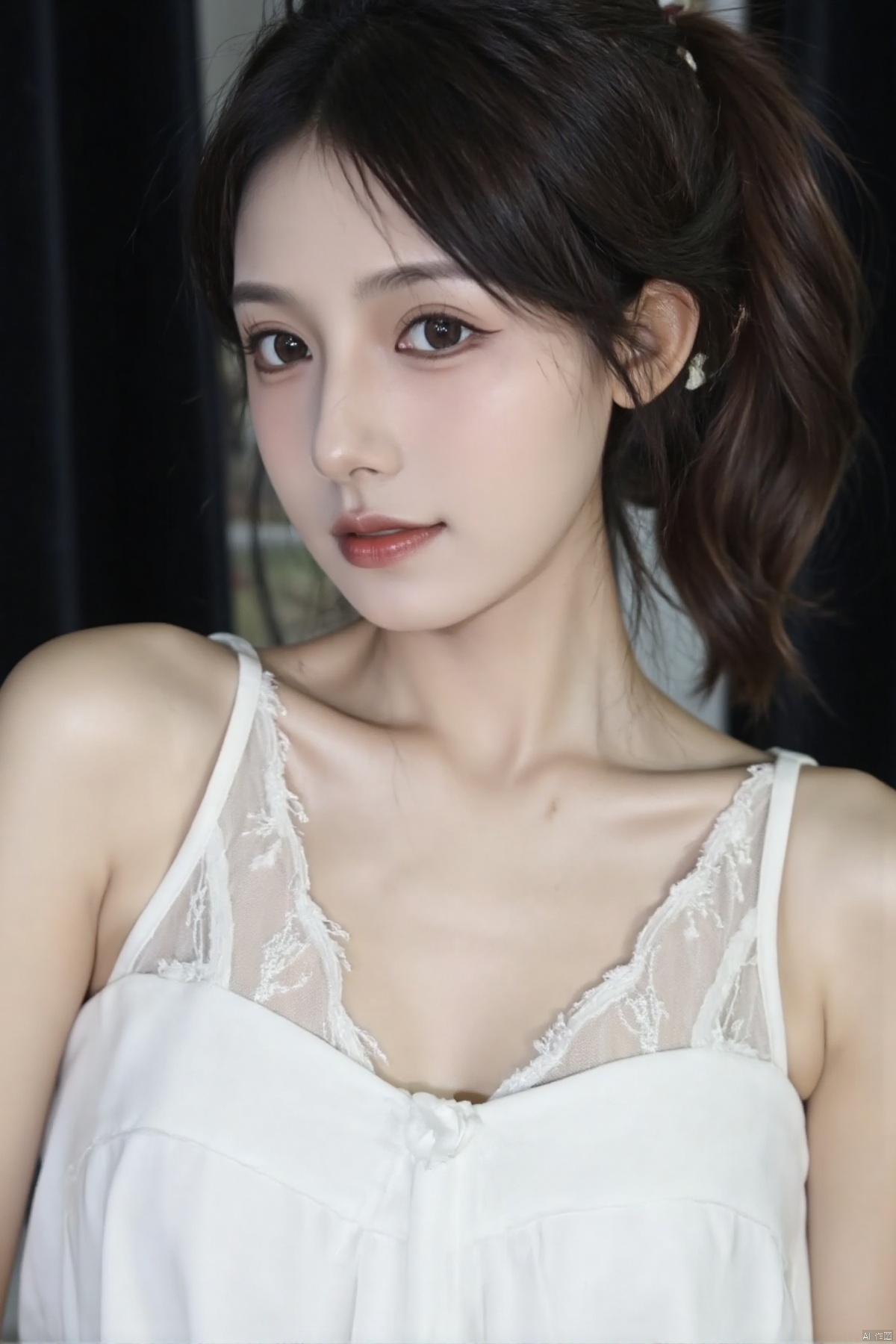 eouiulyl,a close-up shot of a young Asian woman with dark brown hair and brown eyes. She is wearing a white sleeveless blouse with a low neckline that is adorned with white embroidery. Her hair is pulled back in a ponytail, adding a touch of texture to her face. The backdrop is blurred, creating a stark contrast to the woman's white dress.