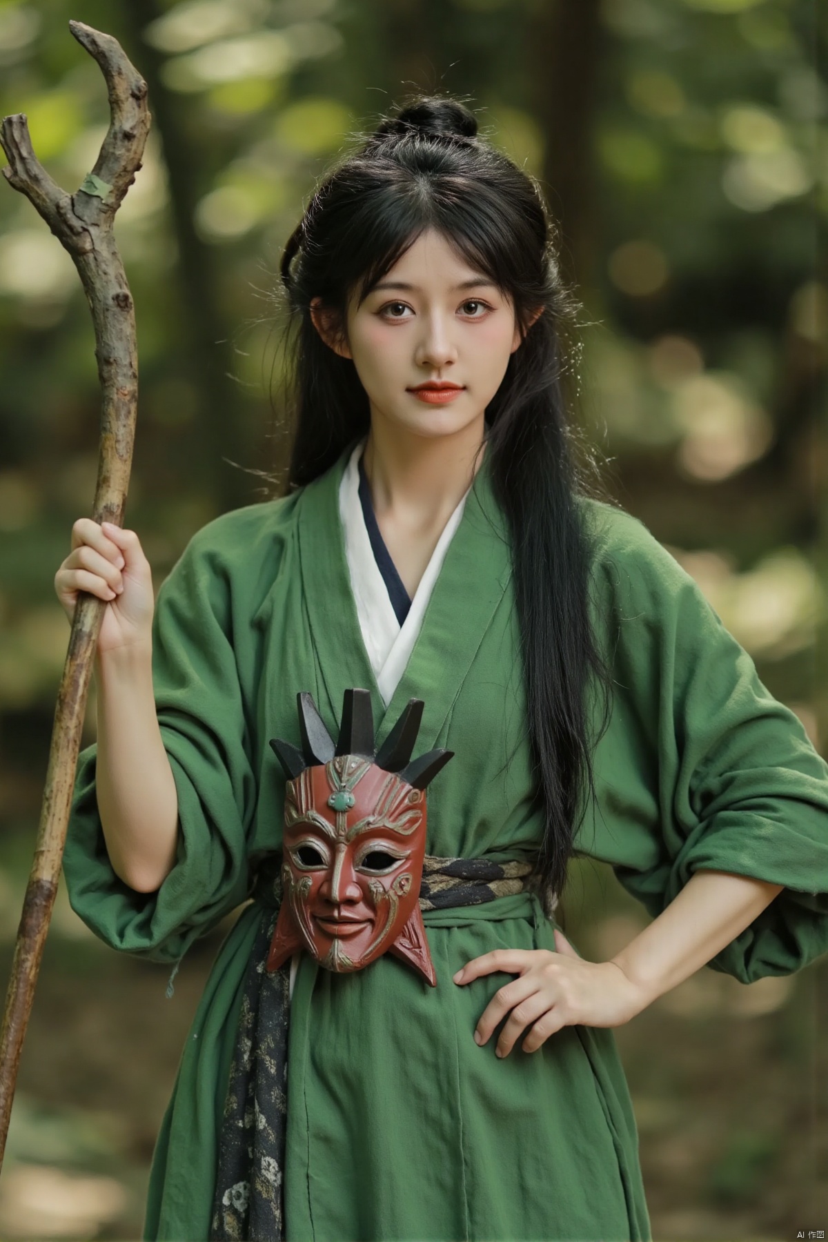 yxzzzziiaohihihihi,(person in green, holding staff, intricate carvings, long dark hair, hair tied up,waist, blurred background, natural setting,best quality,4k,8k,highres,masterpiece:1.2),ultra-detailed,(realistic,photorealistic,photo-realistic:1.37),detailed eyes,detailed lips,beautiful detailed face,long eyelashes,green robe,ornate staff,elaborate mask,forest setting,soft lighting,earthy tones,rich colors,bokeh,sharp focus,physically-based rendering,extreme detail description,professional,vivid colors,natural light,serene atmosphere,calm expression,graceful pose,ancient forest,fall foliage,autumn leaves,woodland scene,ethereal ambiance,foliage details,tree branches,shaded area,peaceful environment,harmonious composition,