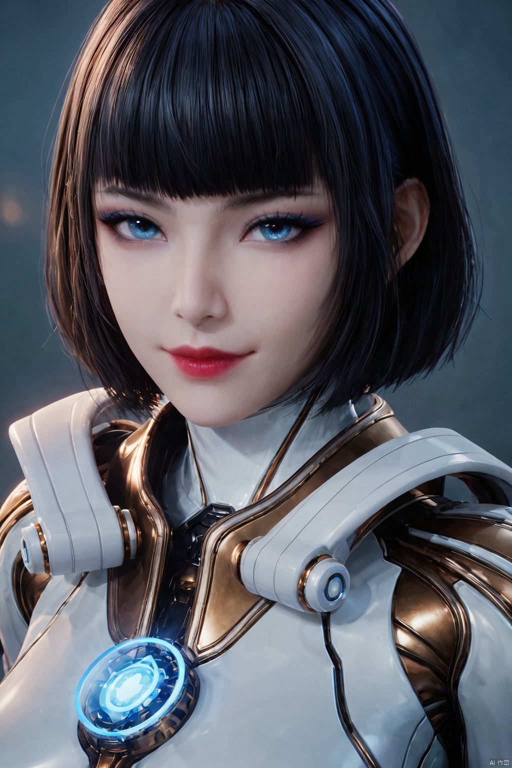 score_9_up,score_8_up,score_7_up, (Clear lines, high definition, Best quality, Very detailed, masterpiece, 4K),1girl, solo, looking at viewer, smile, short hair, bangs, blue eyes, black hair, closed mouth, upper body, blunt bangs, lips, eyelashes, bodysuit, makeup, bob cut, lipstick, realistic, nose, red lips, eyeliner,JiQing