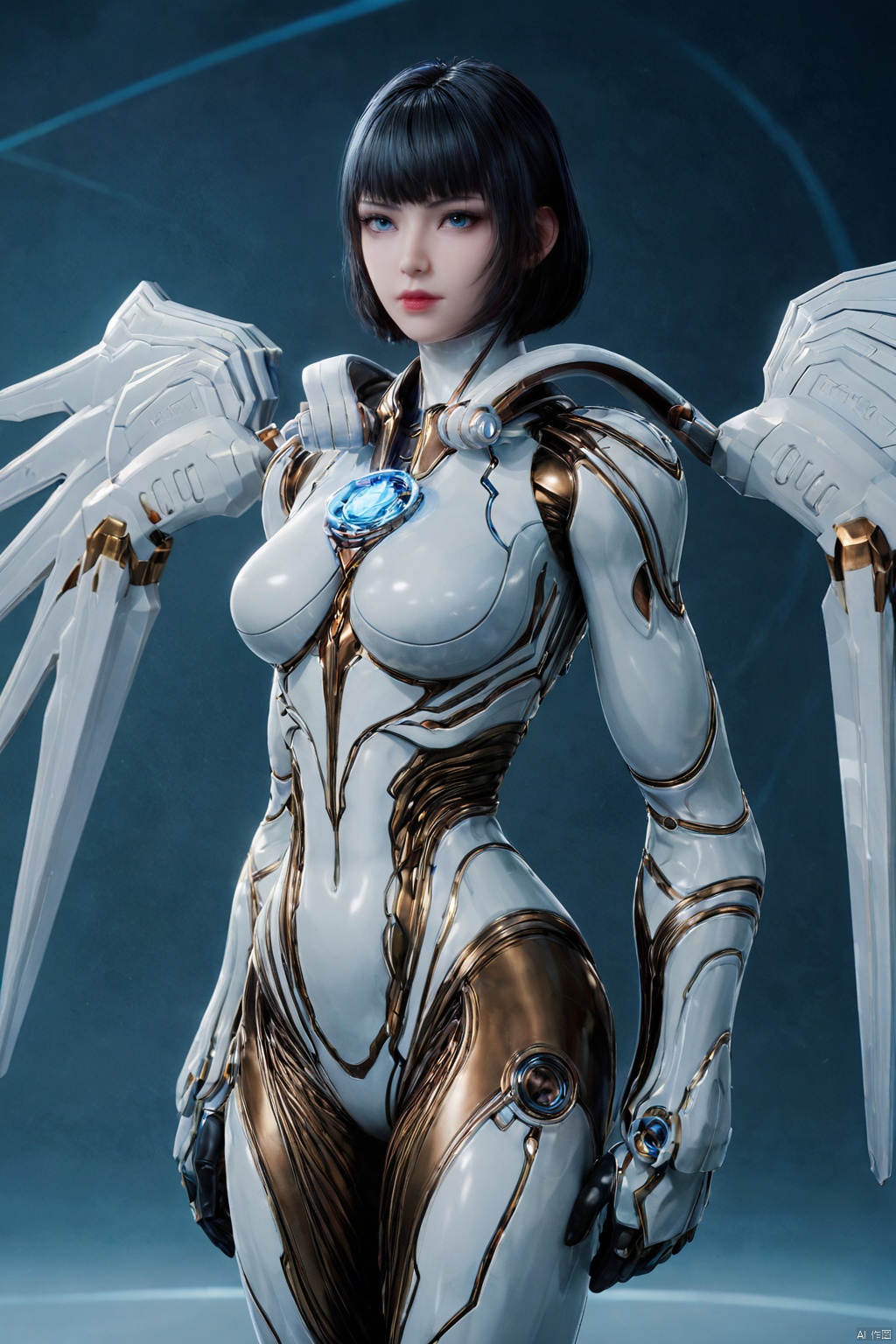 score_9_up,score_8_up,score_7_up, (Clear lines, high definition, Best quality, Very detailed, masterpiece, 4K),1girl, solo, breasts, looking at viewer, short hair, bangs, blue eyes, black hair, medium breasts, standing, wings, lips, bodysuit, science fiction, realistic, nose, mechanical wings, power armor,JiQing