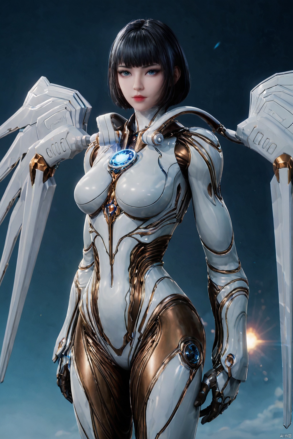 score_9_up,score_8_up,score_7_up, (Clear lines, high definition, Best quality, Very detailed, masterpiece, 4K),1girl, solo, breasts, looking at viewer, short hair, bangs, blue eyes, black hair, medium breasts, standing, wings, lips, bodysuit, science fiction, realistic, nose, mechanical wings, power armor,JiQing