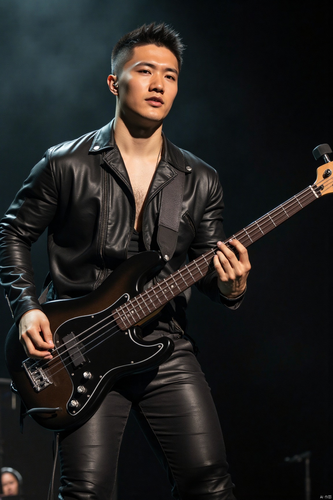 A handsome man with a very thin figure and fair skin. short hair,asian. he wore a punk-style leather jacket, an open leather vest, and a leather pants. He is a muscular man. he plays electric bass on stage. Skin texture, beautiful face, skin series, clothing details, very textured photos, his movements are chic, and his expression is exciting, Real photos, stage lighting effects, thin smoke, clear focus.,jzns,zjh