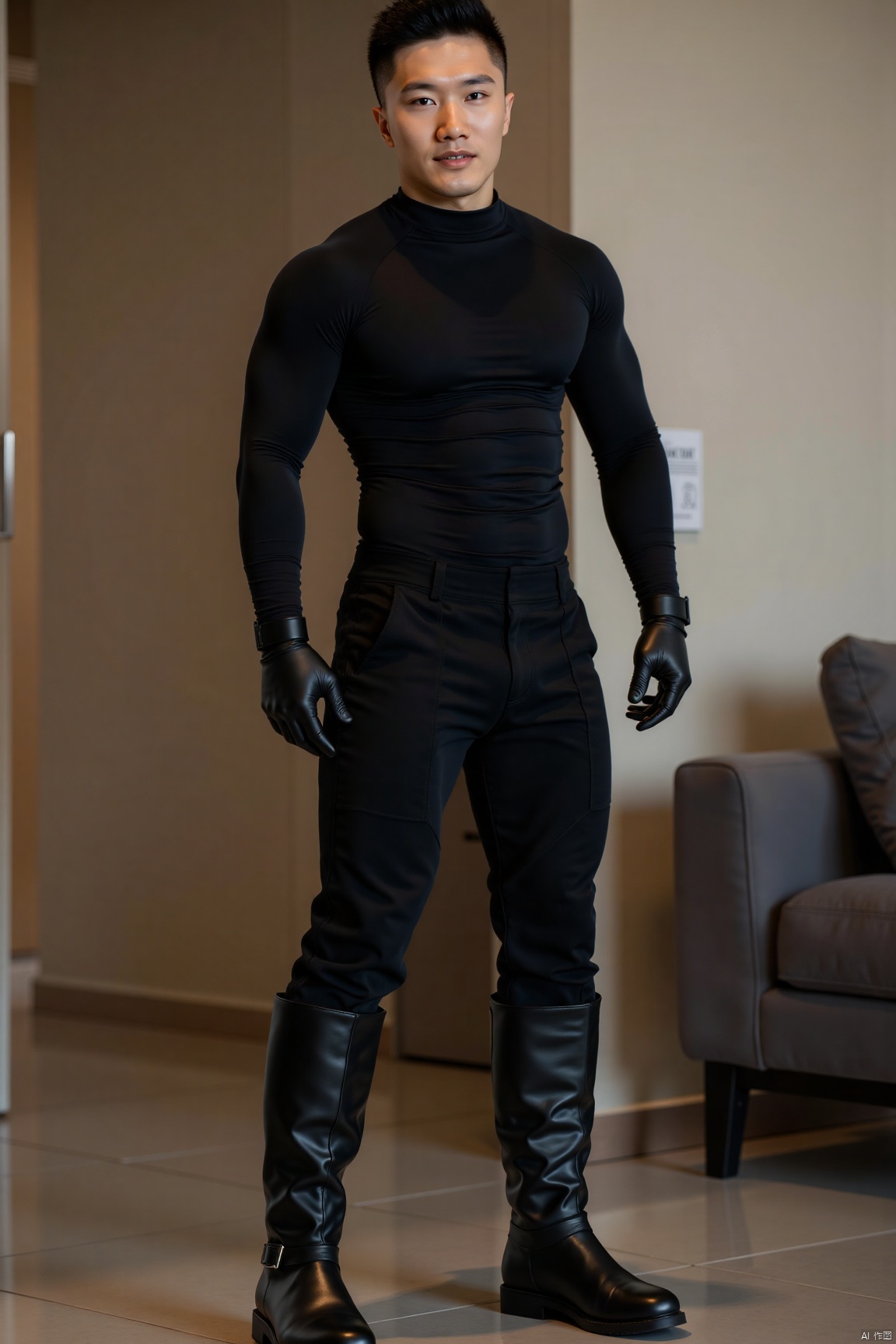 jzns,zjh,1man,asian,handsome,extremely delicate facial,muscular,pectorals,boots, black pants,short hair, black tight-fitting shirt, long sleeves, black gloves,standing,indoors,full body,masterpiece,realistic,best quality,highly detailed,highres,jzns.