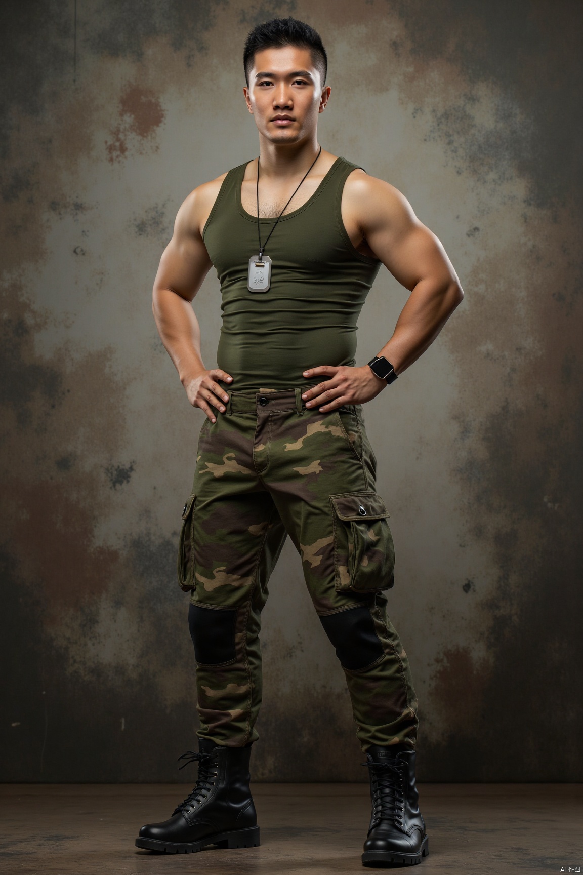  Best quality, masterpiece, ultra-high resolution, detailed background, game_cg, military camp, a man, Asian, 35 years old, muscular, green tight sleeveless top, chest hair, green camouflage military short pants, black combat knee boots, Dog Tag,standing, full body portrait, looking at me,jzns, zjh