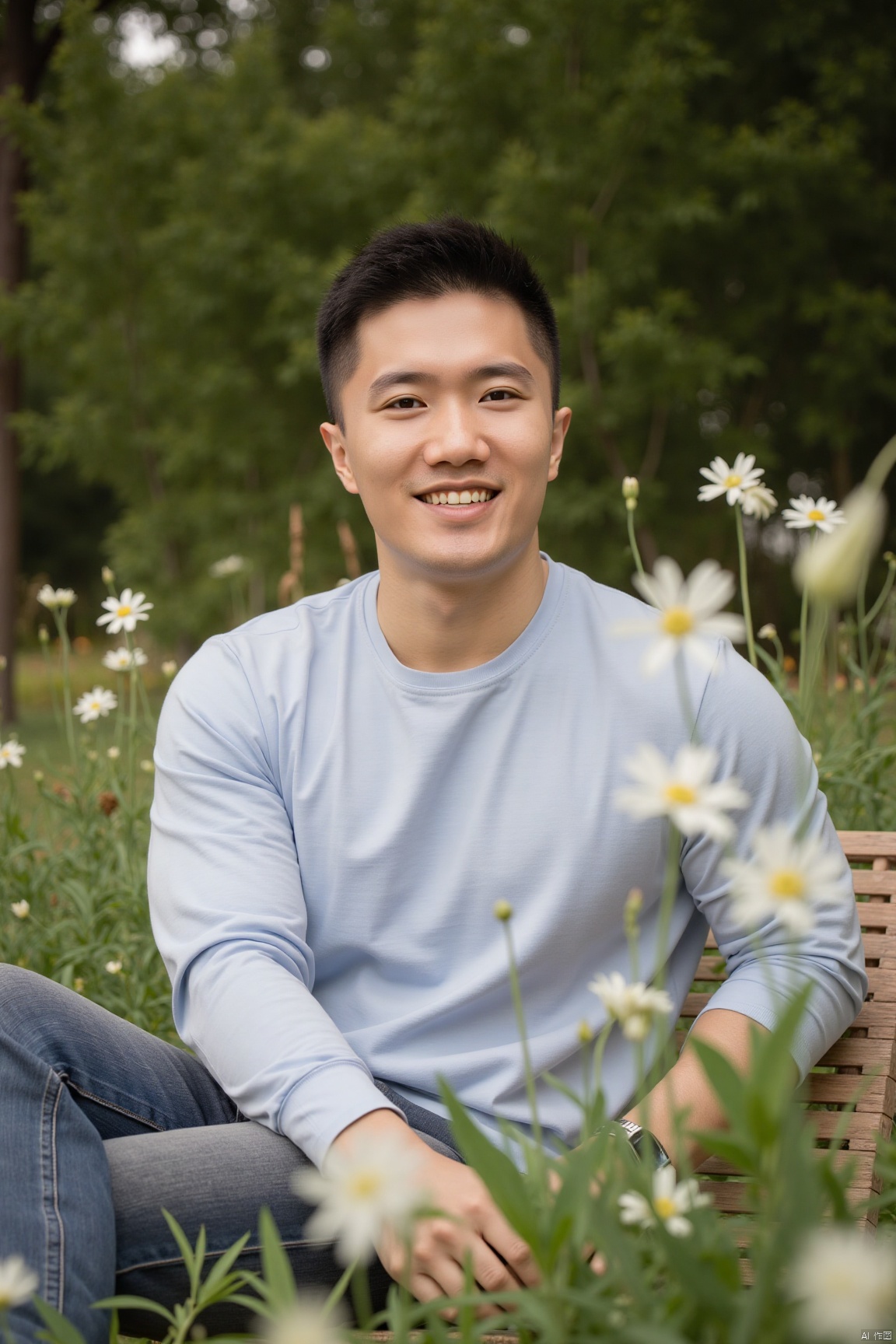 In the garden, A hansome asian man  sitting quietly among the flowers with a smile, as if he is one with nature.His face filled with a smile of happiness and satisfaction. His eyes are gentle and deep, as if he is having a spiritual dialogue with nature.,jzns,zjh