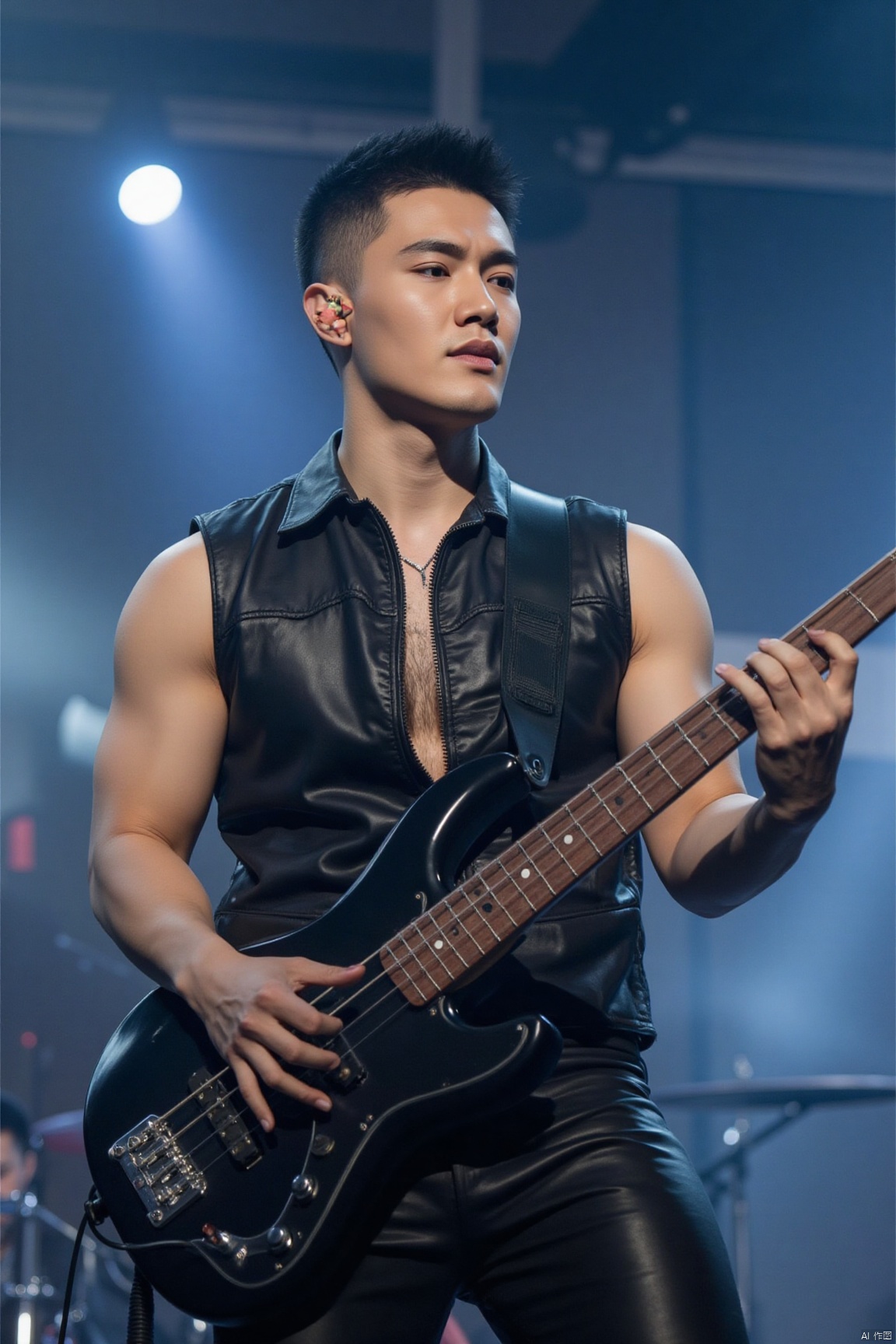 A handsome man with a very thin figure and fair skin,a rocker,short black hair,asian. he wore a punk-style leather vest, and a leather pants. dog tag,He is a muscular man. he plays electric bass on stage. Skin texture, beautiful face, skin series, clothing details, very textured photos, his movements are chic, and his expression is exciting, Real photos, stage lighting effects, thin smoke, clear focus.,jzns,zjh