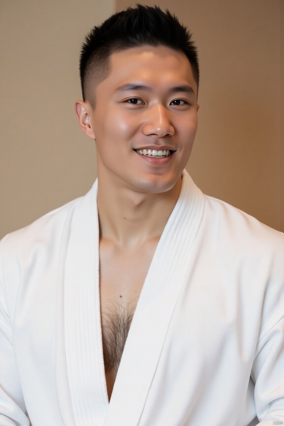 jzns,zjh,1man,asian,handsome,realistic,muscular,male focus, smile, realistic, chest hair, looking at viewer, short hair, grin, white bathrobes, portrait,masterpiece,realistic,best quality,highly detailed,highres,jzns.