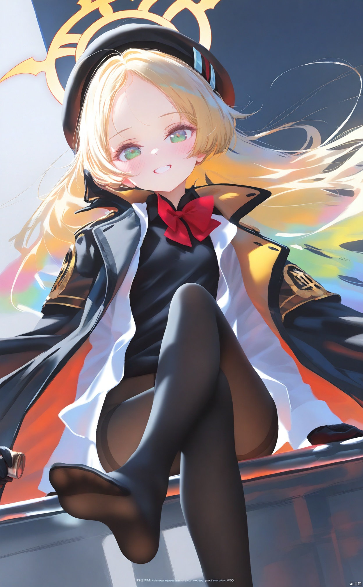 masterpiece,best quality,high quality,(colorful),(artist:ningen_mame:0.9),(artist:sho_(sho_lwlw):0.9),(artist:rhasta:0.9),(artist:wlop:0.7),(artist:ke-ta:0.6),(fkey:0.5),(tianliang duohe fangdongye:0.5),(hiten \(hitenkei\):0.6),1girl, green eyes, pantyhose, solo, feet, halo, black coat, blonde hair, long hair, gloves, black pantyhose, toes, black gloves, coat, looking at viewer, legs, thighband pantyhose, holding, smile, open coat, no shoes, black shirt, sitting, crossed legs, hat, black headwear, bow, red bow, yellow halo, beret, long sleeves, open clothes, soles, bowtie, full body, shirt, grin, blush, red bowtie, dutch angle