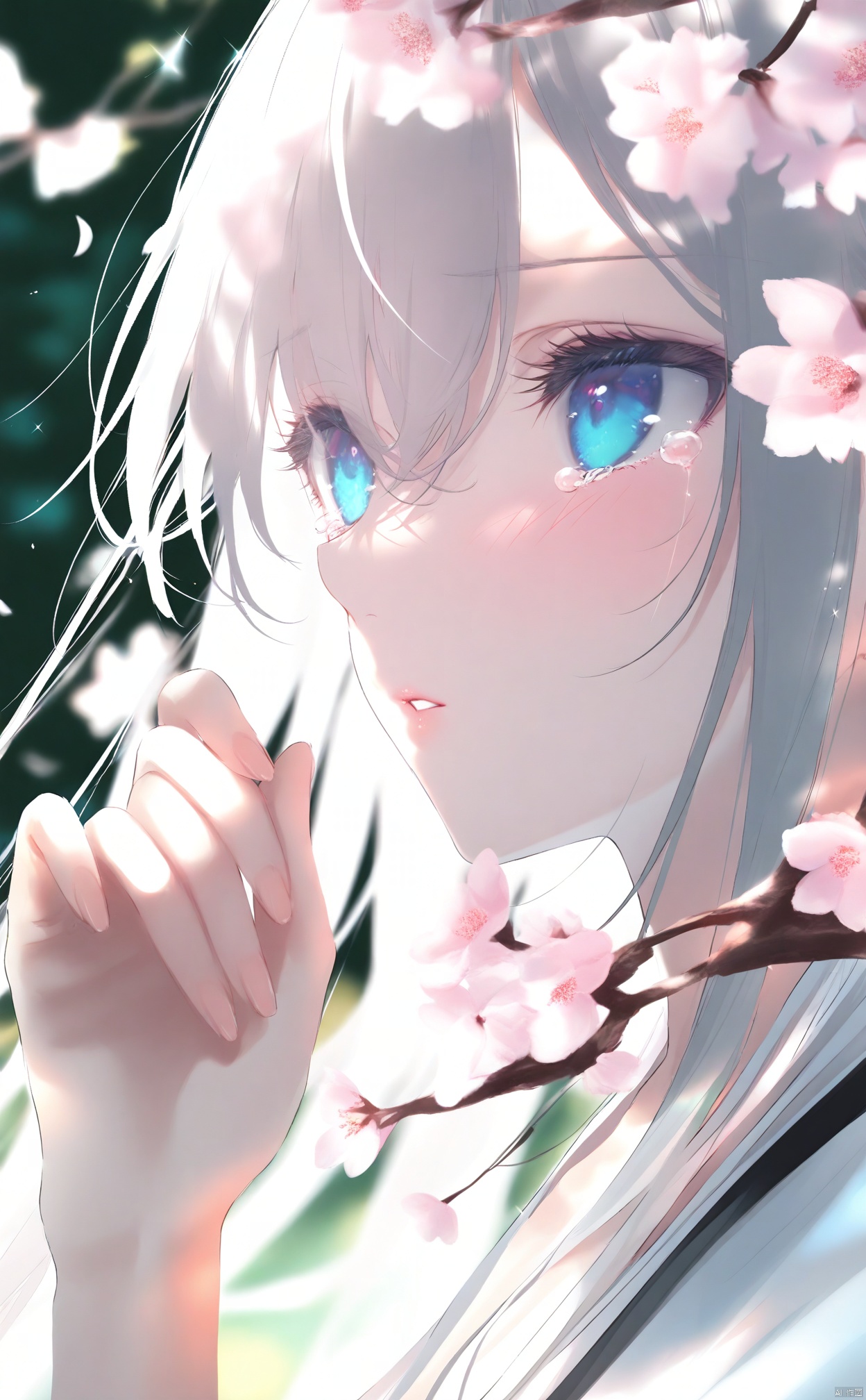 masterpiece,best quality,high quality,(colorful),[Artist miwano rag],[Artist toosaka asagi],[Artist wlop],[Artist chen bin],Artist omone hokoma agm,1girl, solo, blue eyes, petals, cherry blossoms, blurry background, blurry, long hair, flower, close-up, parted lips, hair between eyes, grey hair, blush, falling petals, branch, hand up, portrait, tears, spring \(season\), white flower, depth of field, fingernails, sparkle, white hair, from side, eyelashes