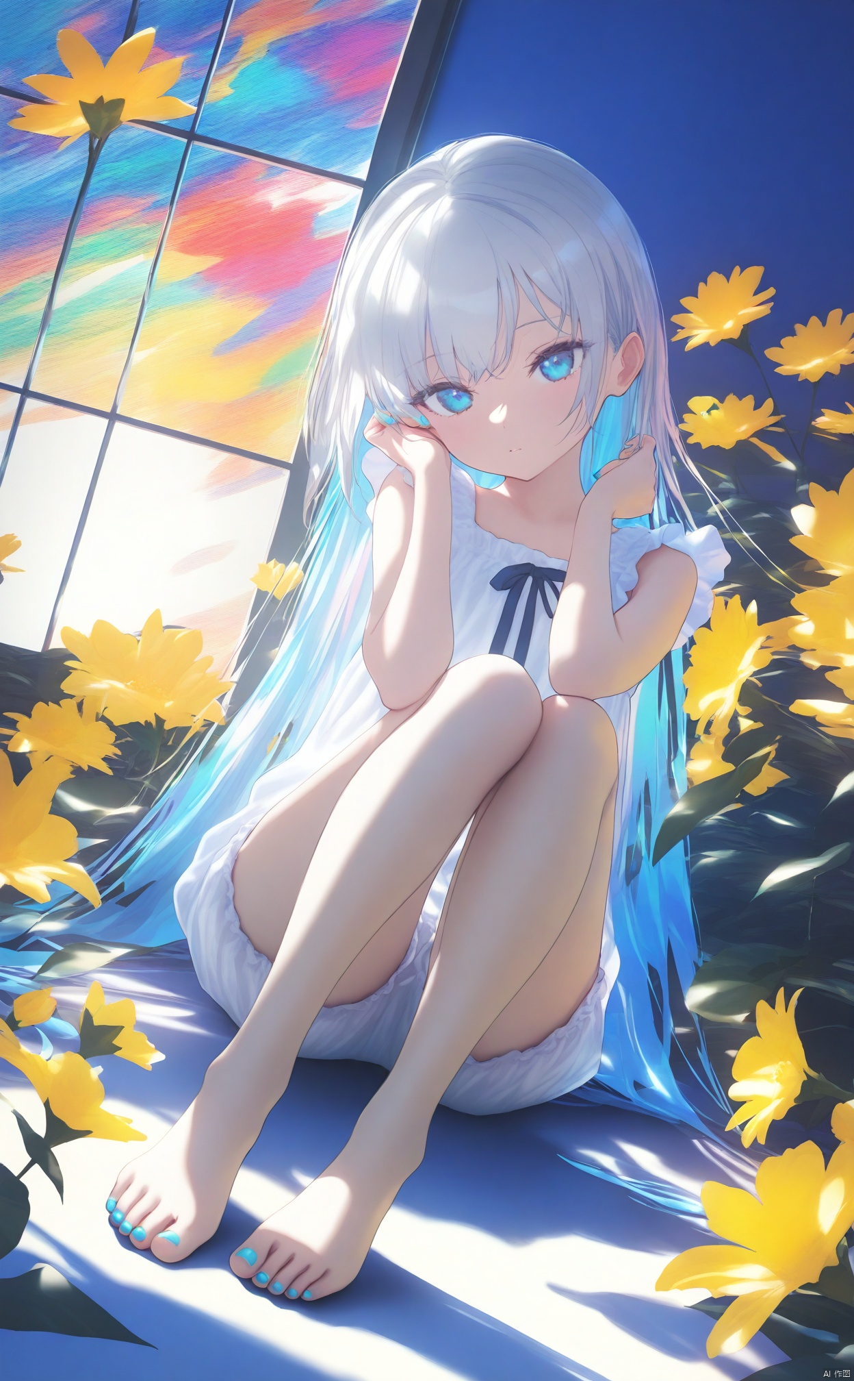 masterpiece,best quality,high quality,(colorful),loli,Yellow flowers,Blue wall,Closed windows,1girl,nail_polish,toenail_polish,barefoot,blue_nails,toenails,bloomers,solo,aqua_nails,feet,sitting,long_hair,linen hair,bare legs,barefoot,bare legs,sit on the ground,