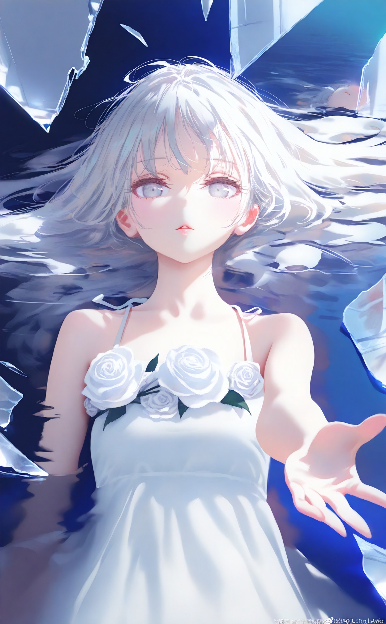 masterpiece,best quality,high quality,(colorful),(artist:ningen_mame:0.9),(artist:sho_(sho_lwlw):0.9),(artist:rhasta:0.9),(artist:wlop:0.7),(artist:ke-ta:0.6),(fkey:0.5),(tianliang duohe fangdongye:0.5),(hiten \(hitenkei\):0.6),1girl, solo, long hair, dress, looking at viewer, white eyes, glass, white dress, grey eyes, white hair, flower, broken glass, white theme, dress flower, blue theme, bare shoulders, glass shards, white flower, reaching, reaching towards viewer, water, parted lips, closed mouth, sleeveless, reflection, sleeveless dress, white rose, watermark, expressionless