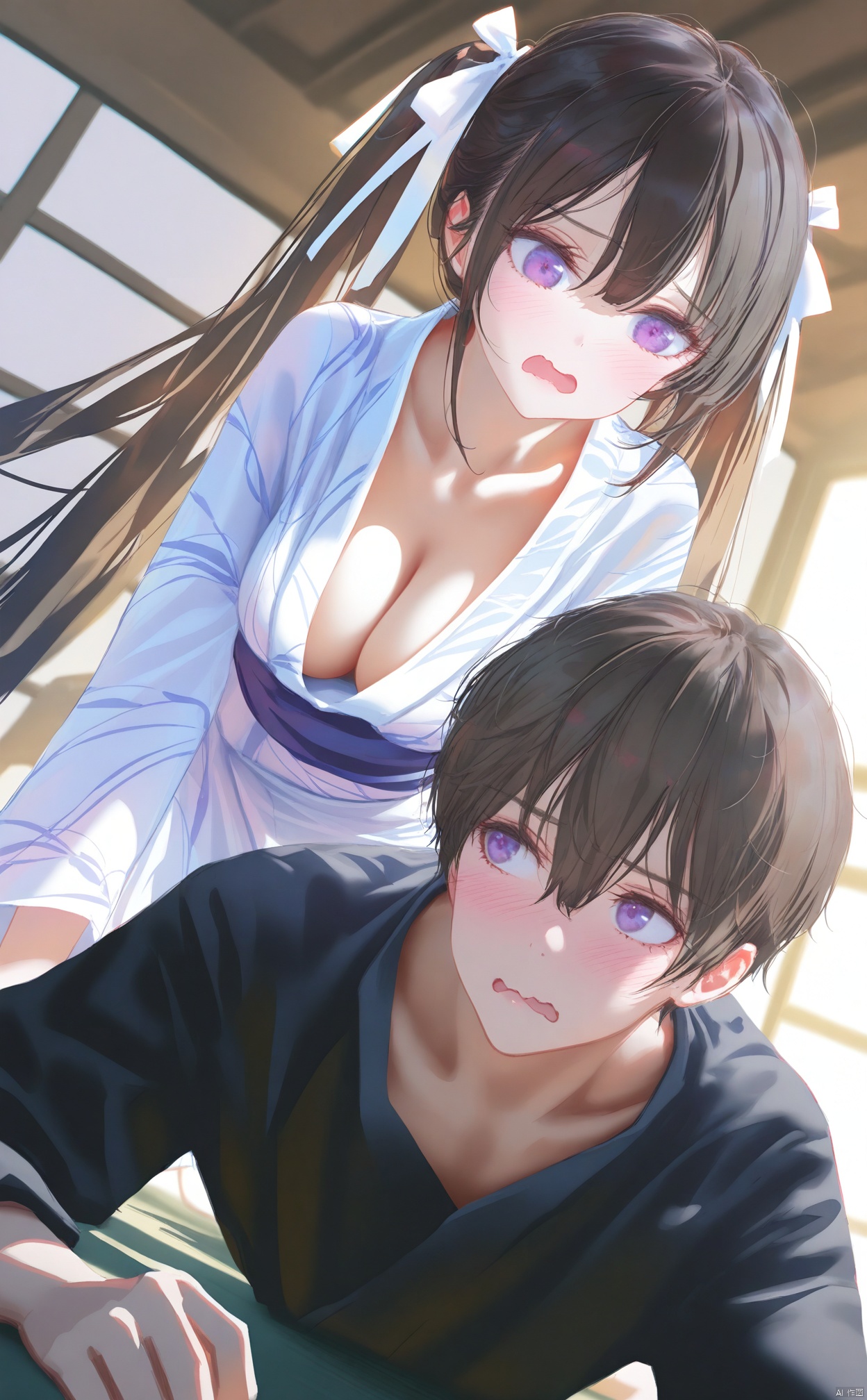 masterpiece,best quality,high quality,(colorful),(artist:ningen_mame:0.9),(artist:sho_(sho_lwlw):0.9),(artist:rhasta:0.9),(artist:wlop:0.7),(artist:ke-ta:0.6),(fkey:0.5),(tianliang duohe fangdongye:0.5),(hiten \(hitenkei\):0.6),1girl, 1boy, kimono, japanese clothes, blush, long hair, twintails, breasts, open mouth, cleavage, white kimono, purple eyes, black hair, barefoot, ribbon, hair ribbon, very long hair, wavy mouth, yukata, brown hair, long sleeves, white ribbon, dutch angle, hair between eyes, indoors, looking at another, hetero, collarbone, black shirt, all fours, large breasts