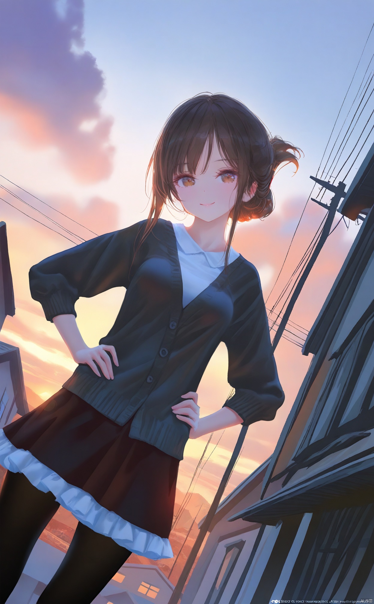 masterpiece,best quality,high quality,(colorful),(artist:ningen_mame:0.9),(artist:sho_(sho_lwlw):0.9),(artist:rhasta:0.9),(artist:wlop:0.7),(artist:ke-ta:0.6),(fkey:0.5),(tianliang duohe fangdongye:0.5),(hiten \(hitenkei\):0.6),1girl, solo, pantyhose, smile, outdoors, brown eyes, sky, cloud, brown hair, skirt, looking at viewer, frilled skirt, black pantyhose, frills, dutch angle, hands on own hips, power lines, sunset, cardigan, folded ponytail, house, breasts, building