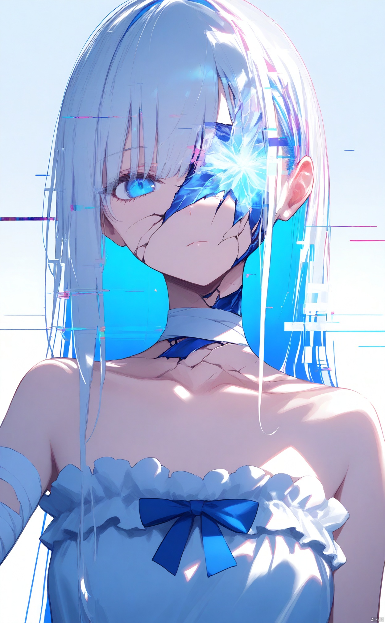 masterpiece,best quality,high quality,(colorful),1girl,solo,bandages,bandaged arm,long hair,glitch,blue eyes,looking at viewer,dress,colored inner hair,collarbone,closed mouth,white hair,blue theme,frilled dress,cracked skin,white background,bow,frills,upper body,white dress,head tilt,hand up,multicolored hair,blue hair,expressionless,crack,simple background,one eye covered,bare shoulders,blue bow,straight hair,hair behind ear,straight-on,strapless dress,