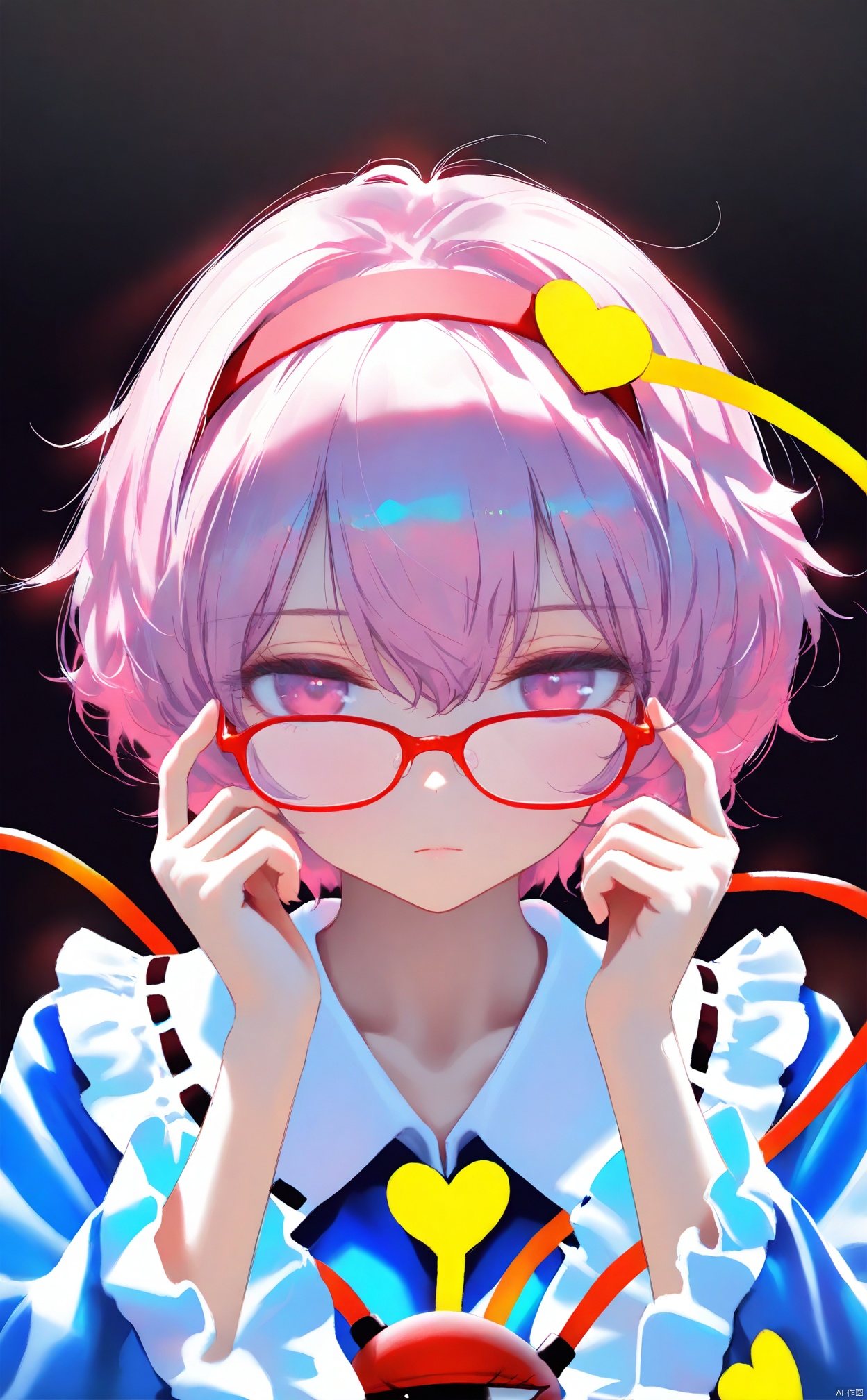 masterpiece,best quality,high quality,(colorful),(artist:ningen_mame:0.9),(artist:sho_(sho_lwlw):0.9),(artist:rhasta:0.9),(artist:wlop:0.7),(artist:ke-ta:0.6),(fkey:0.5),(tianliang duohe fangdongye:0.5),(hiten \(hitenkei\):0.6),1girl, solo, pink hair, komeiji satori, red-framed eyewear, glasses, pink eyes, short hair, long sleeves, hairband, closed mouth, upper body, bespectacled, looking at viewer, heart, red hairband, shirt, frills, frilled sleeves, hair between eyes, hands up, heart hair ornament, collarbone, expressionless, blue shirt