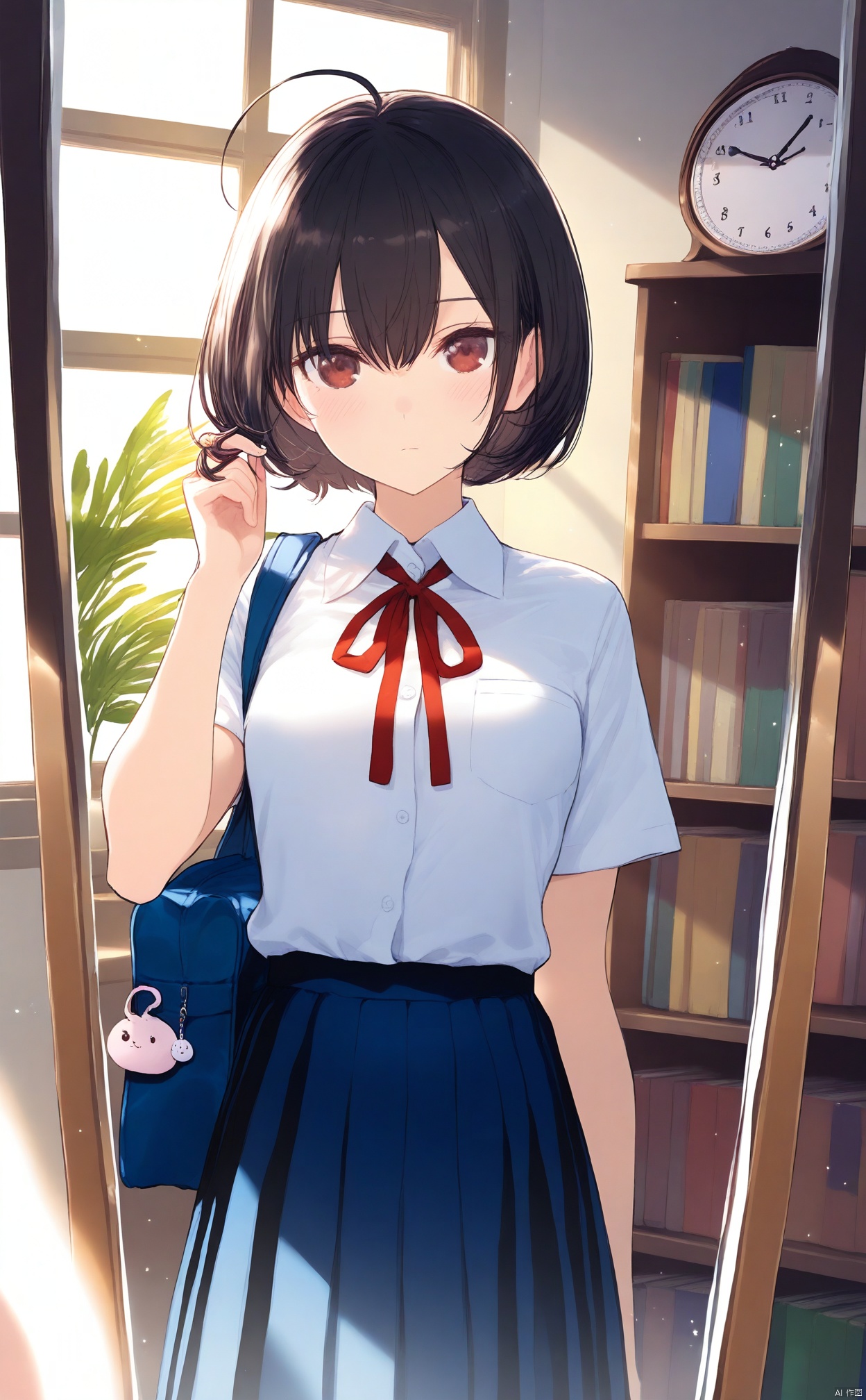 masterpiece,best quality,1girl,mirror,shirt,ribbon,solo,reflection,short hair,school uniform,red ribbon,white shirt,neck ribbon,female pov,school bag,bag,looking at mirror,skirt,black hair,pleated skirt,looking at viewer,collared shirt,indoors,ahoge,bookshelf,light particles,short sleeves,clock,book,blush,closed mouth,dress shirt,buttons,brown eyes,hand up,pocket,blue skirt,shirt tucked in,bob cut,blue bag,breast pocket,bag charm,sunlight,upper body,arm at side,pov,window,standing,breasts,expressionless,charm \(object\),straight-on,plant,black skirt,hair between eyes,light frown,light blush,cowboy shot,hair twirling,small breasts,analog clock,shoulder bag,playing with own hair,red eyes,