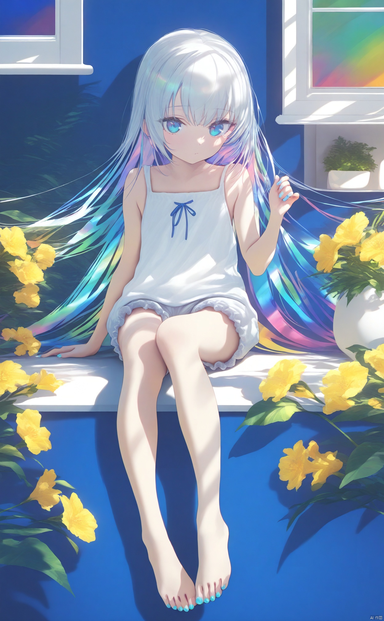 masterpiece,best quality,high quality,(colorful),loli,Yellow flowers,Blue wall,Closed windows,1girl,nail_polish,toenail_polish,barefoot,blue_nails,toenails,bloomers,solo,aqua_nails,feet,sitting,long_hair,linen hair,bare legs,barefoot,bare legs,sit on the ground,