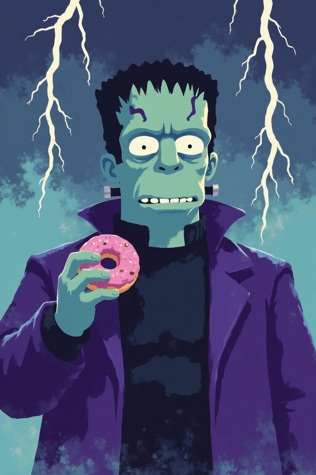 i11ustmin Illustration of Homer Simpson dressed as Frankenstein,  eating a doughnut during a thunderstorm on Tensor.Art