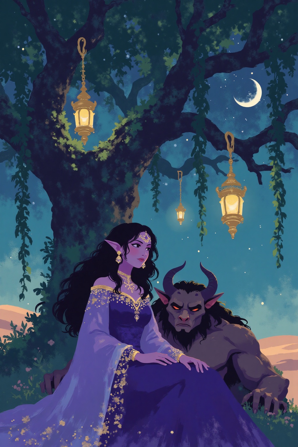 i11ustmin Illustration of a scene from Arabian Nights,  rendered in intricate,  colorful detail. A beautiful woman and a s...