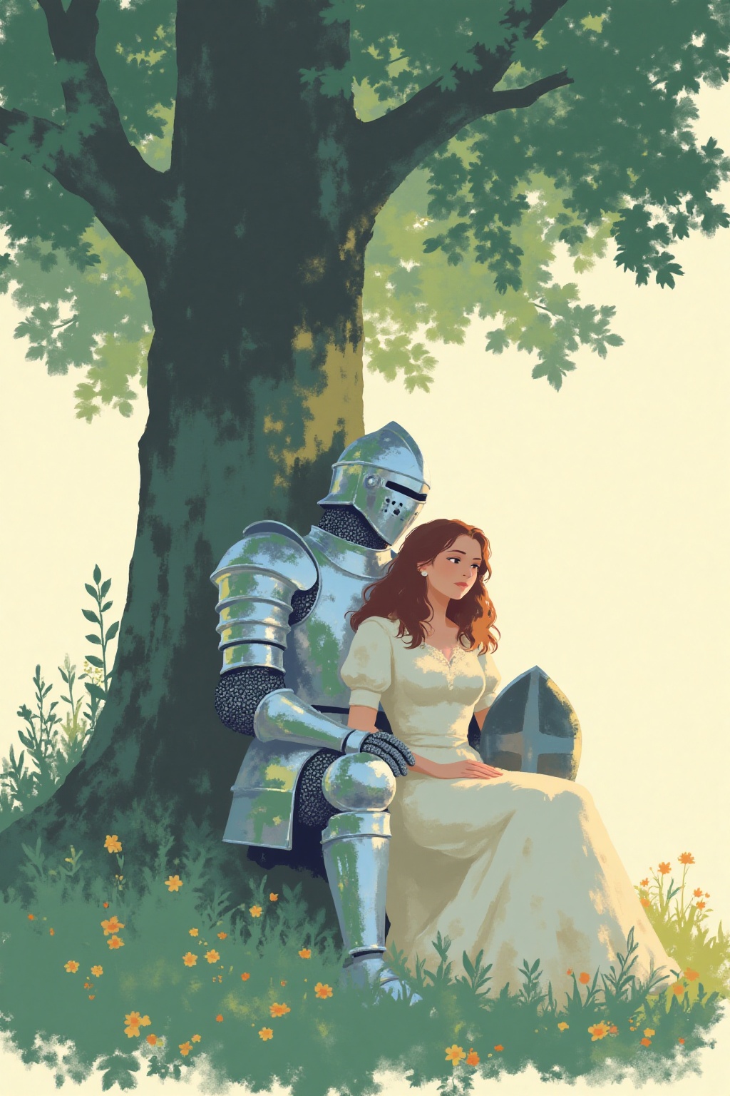 i11ustmin Illustration of A knight and a lady under a tree. The lady is sitting,  and the knight is sleeping with his rest...