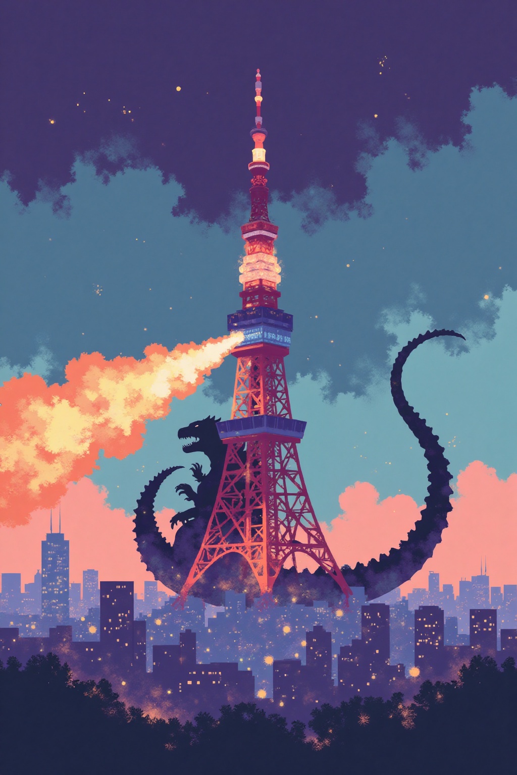 i11ustmin Illustration of Godzilla breathing fire on Tokyo tower on Tensor.Art
