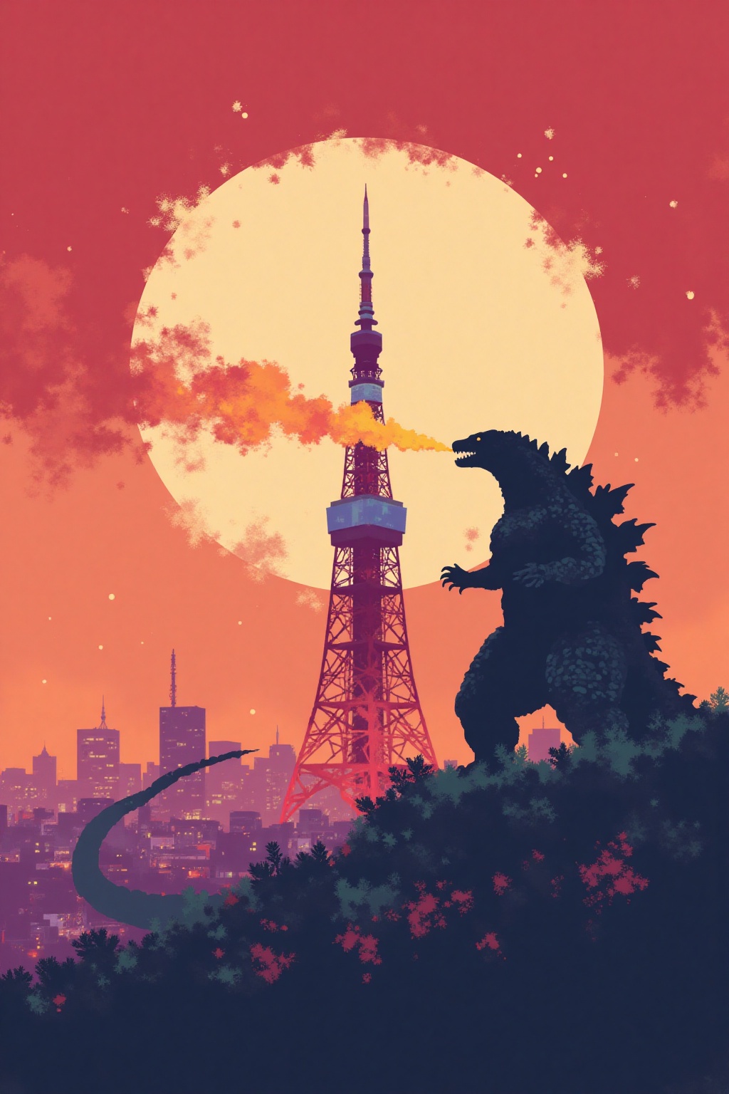 i11ustmin Illustration of Godzilla breathing fire on Tokyo tower on Tensor.Art