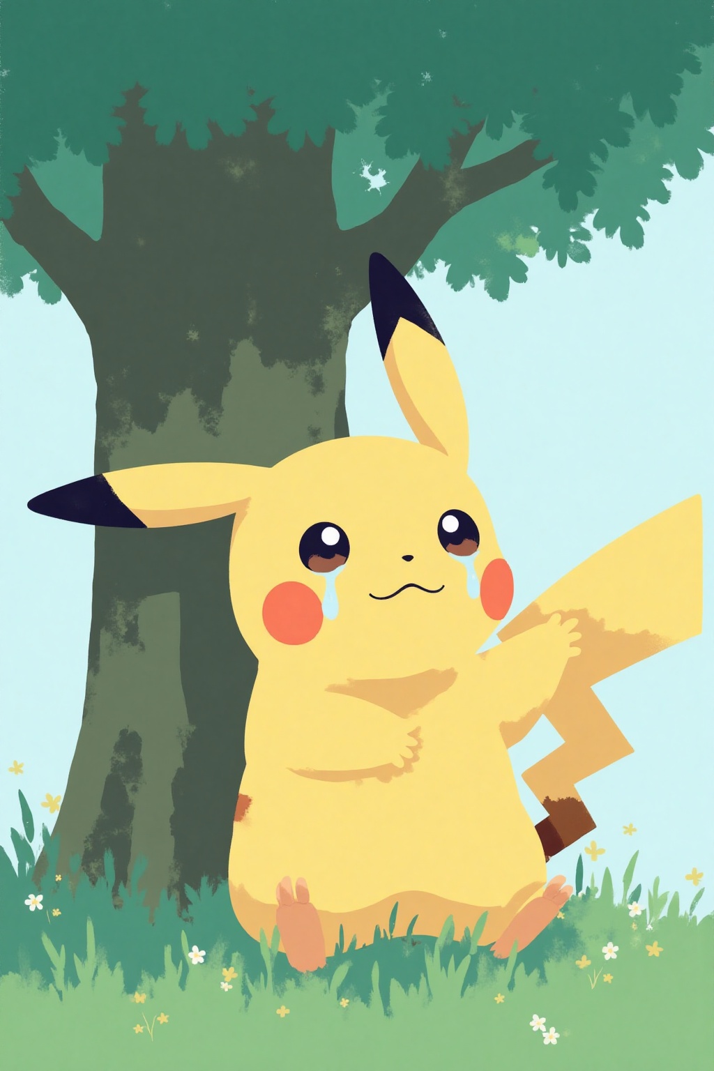 i11ustmin Illustration of Pikachu crying,  large tear drops on his face,  under a green tree on Tensor.Art