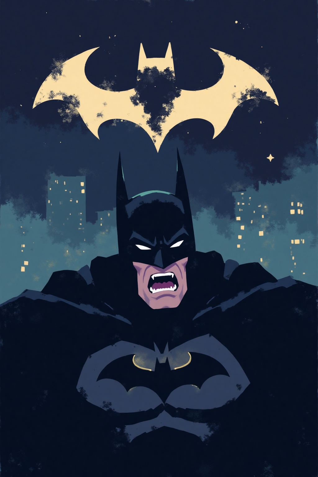 i11ustmin Illustration of Batman shouting angrily. Background is the bat signal on a dark night sky. on Tensor.Art