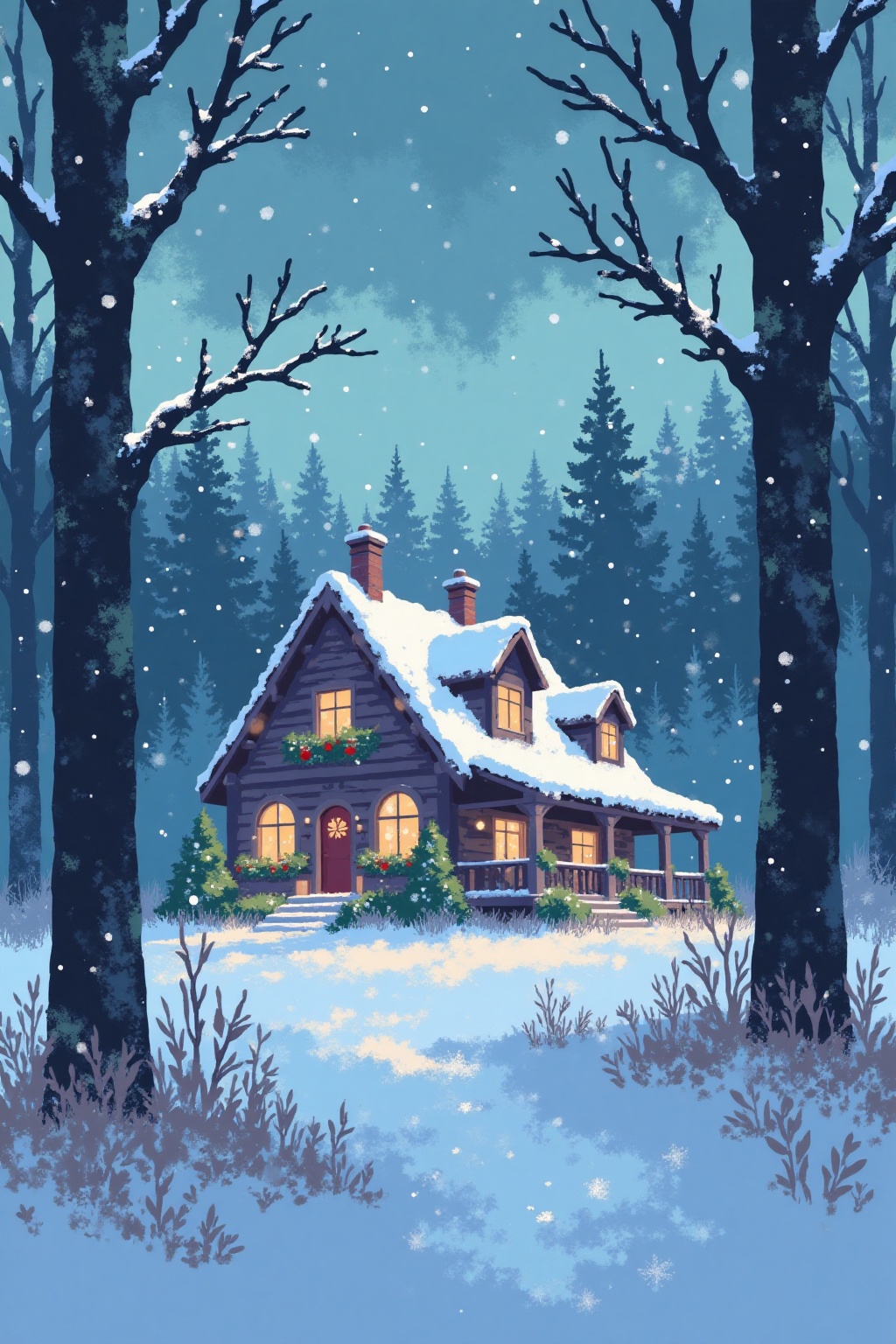 i11ustmin a beautiful house at christmas,  snowing,  forest background on Tensor.Art